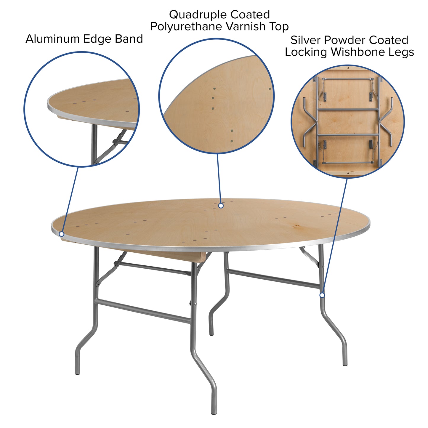 Fielder 5-Foot Round HEAVY DUTY Birchwood Folding Banquet Table with METAL Edges Natural