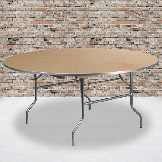 Fielder 5.5-Foot Round HEAVY DUTY Birchwood Folding Banquet Table with METAL Edges Natural