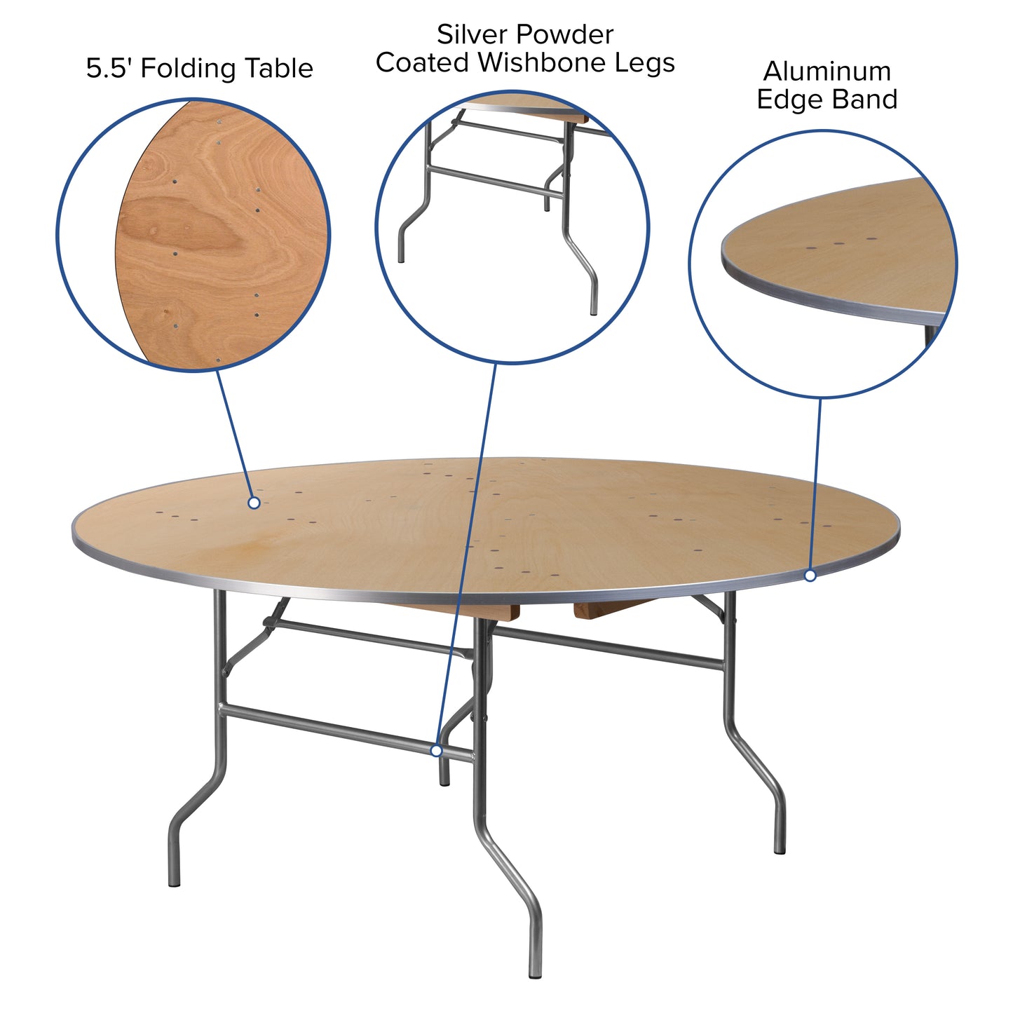 Fielder 5.5-Foot Round HEAVY DUTY Birchwood Folding Banquet Table with METAL Edges Natural