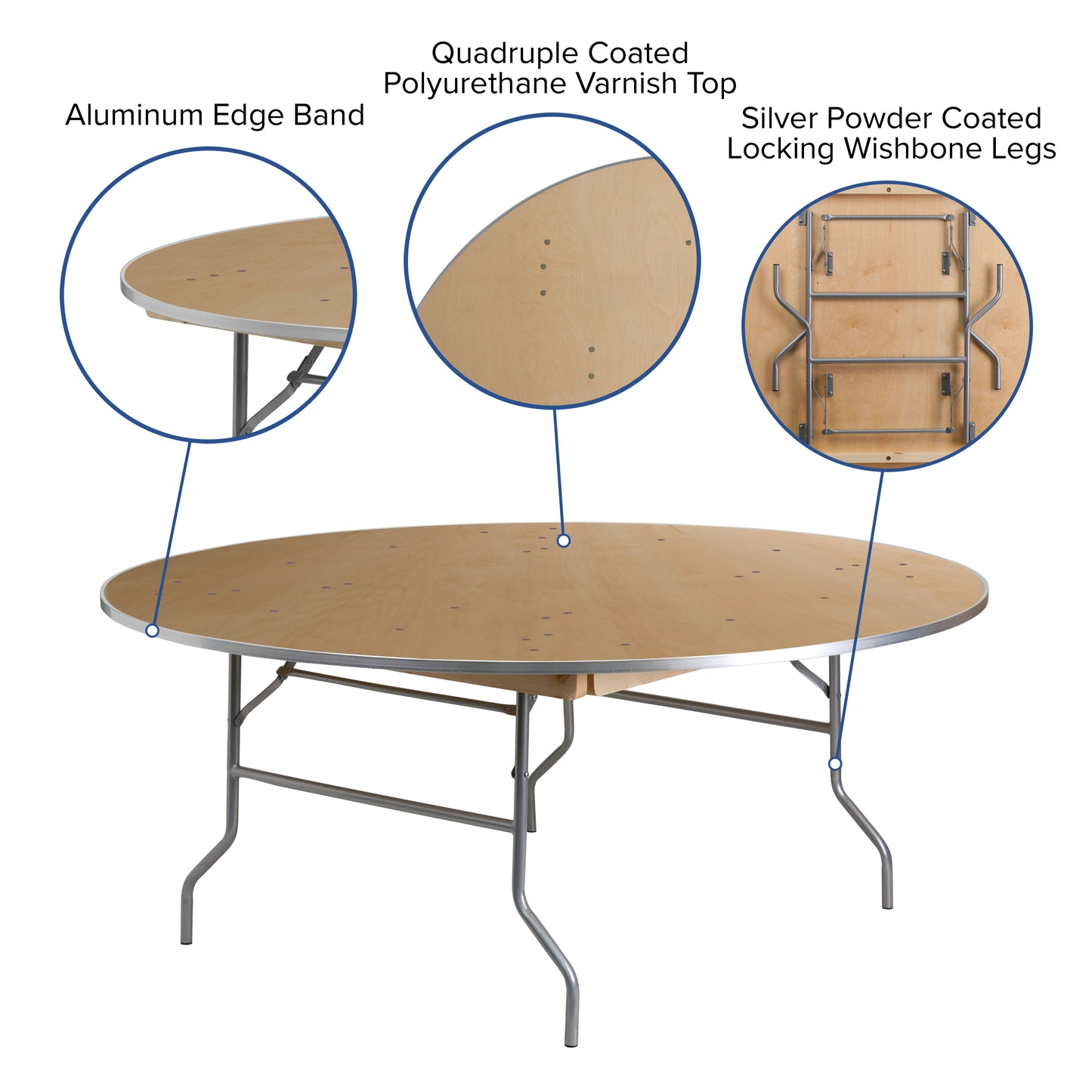 Fielder 6-Foot Round HEAVY DUTY Birchwood Folding Banquet Table with METAL Edges Natural