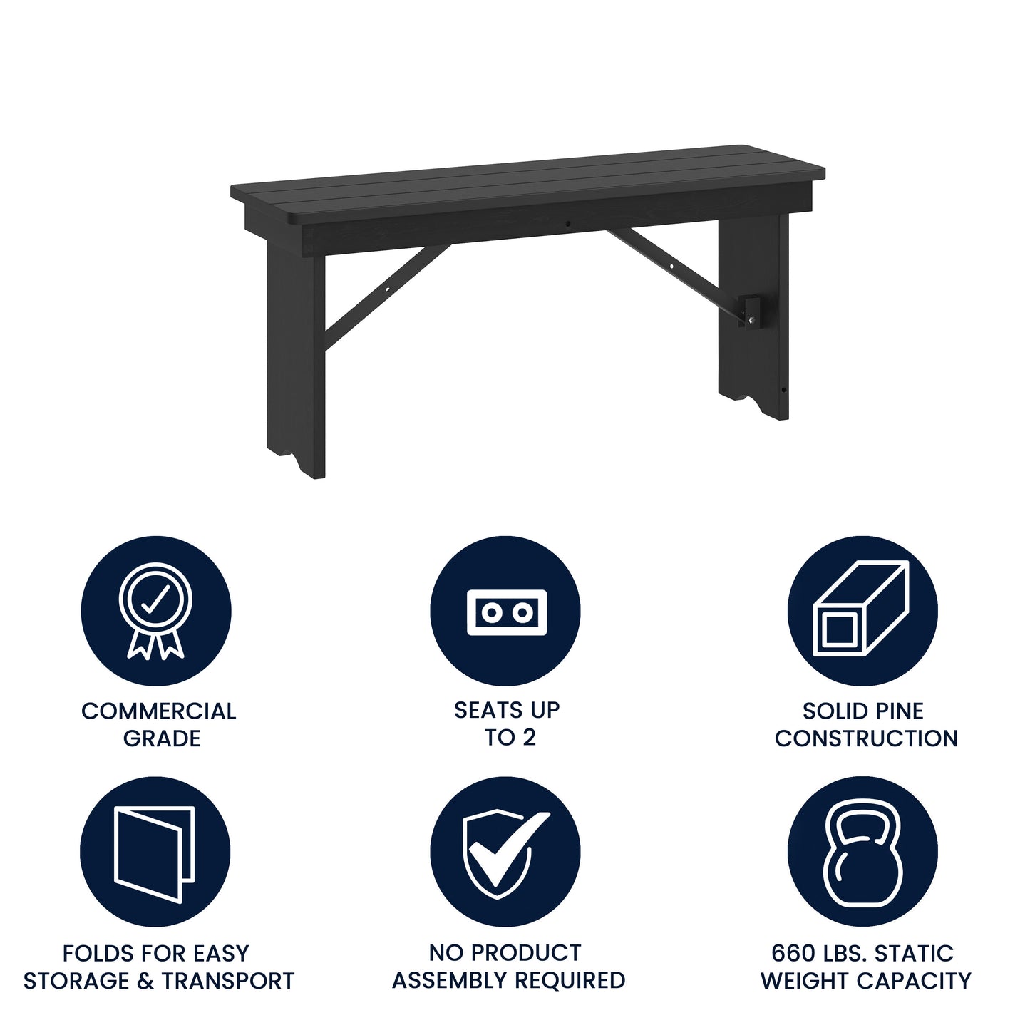 HERCULES 40" x 12" Black Wash Commercial Antique Solid Pine Farmhouse Folding Bench with Foldable Locking Legs Black Wash