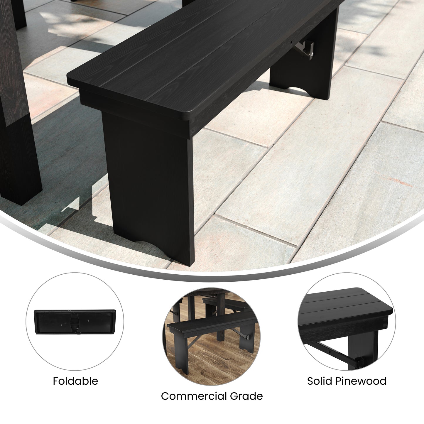 HERCULES 40" x 12" Black Wash Commercial Antique Solid Pine Farmhouse Folding Bench with Foldable Locking Legs Black Wash