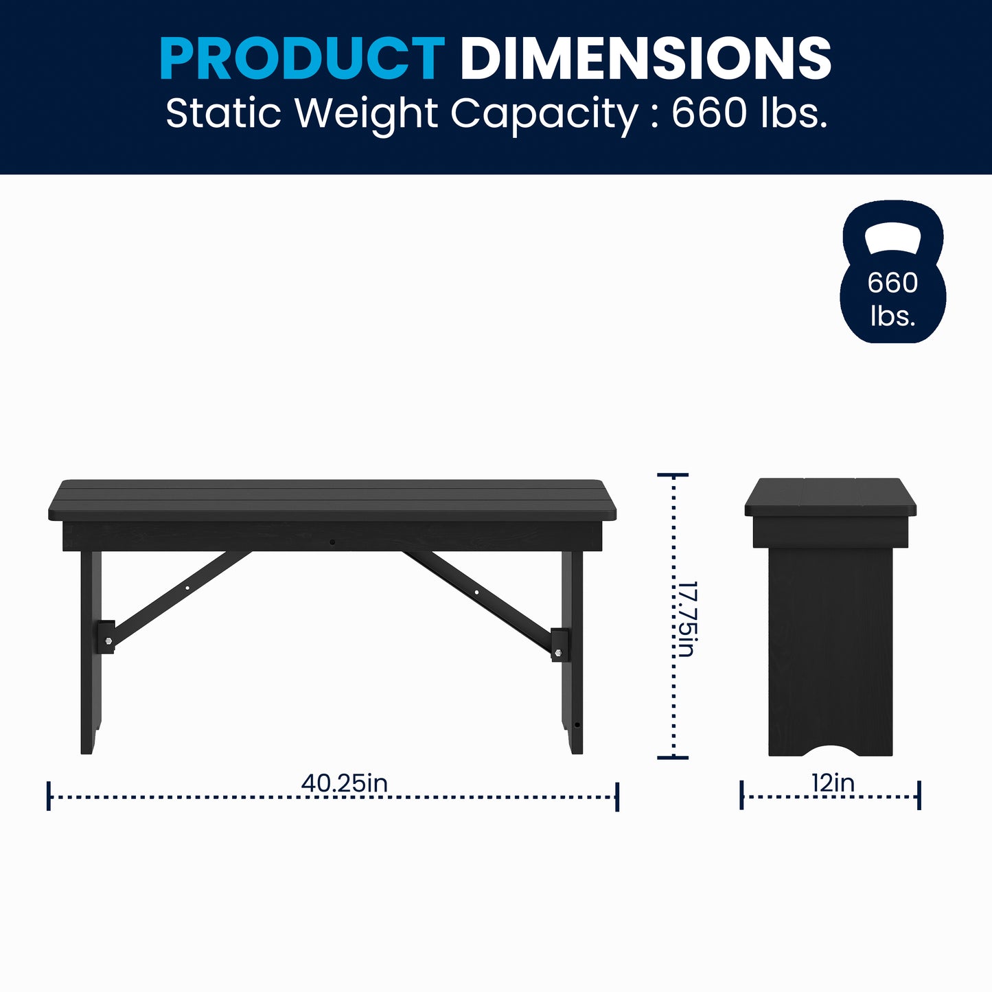 HERCULES 40" x 12" Black Wash Commercial Antique Solid Pine Farmhouse Folding Bench with Foldable Locking Legs Black Wash