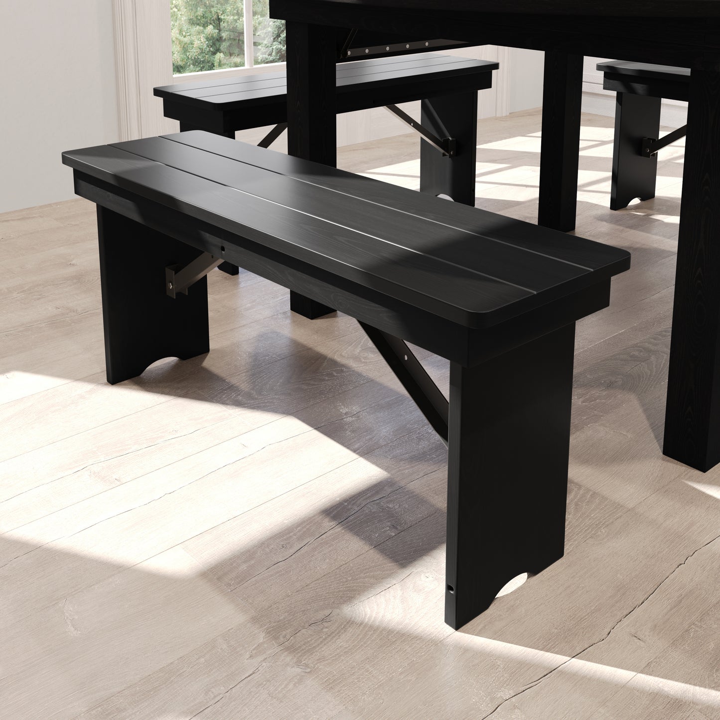 HERCULES 40" x 12" Black Wash Commercial Antique Solid Pine Farmhouse Folding Bench with Foldable Locking Legs Black Wash
