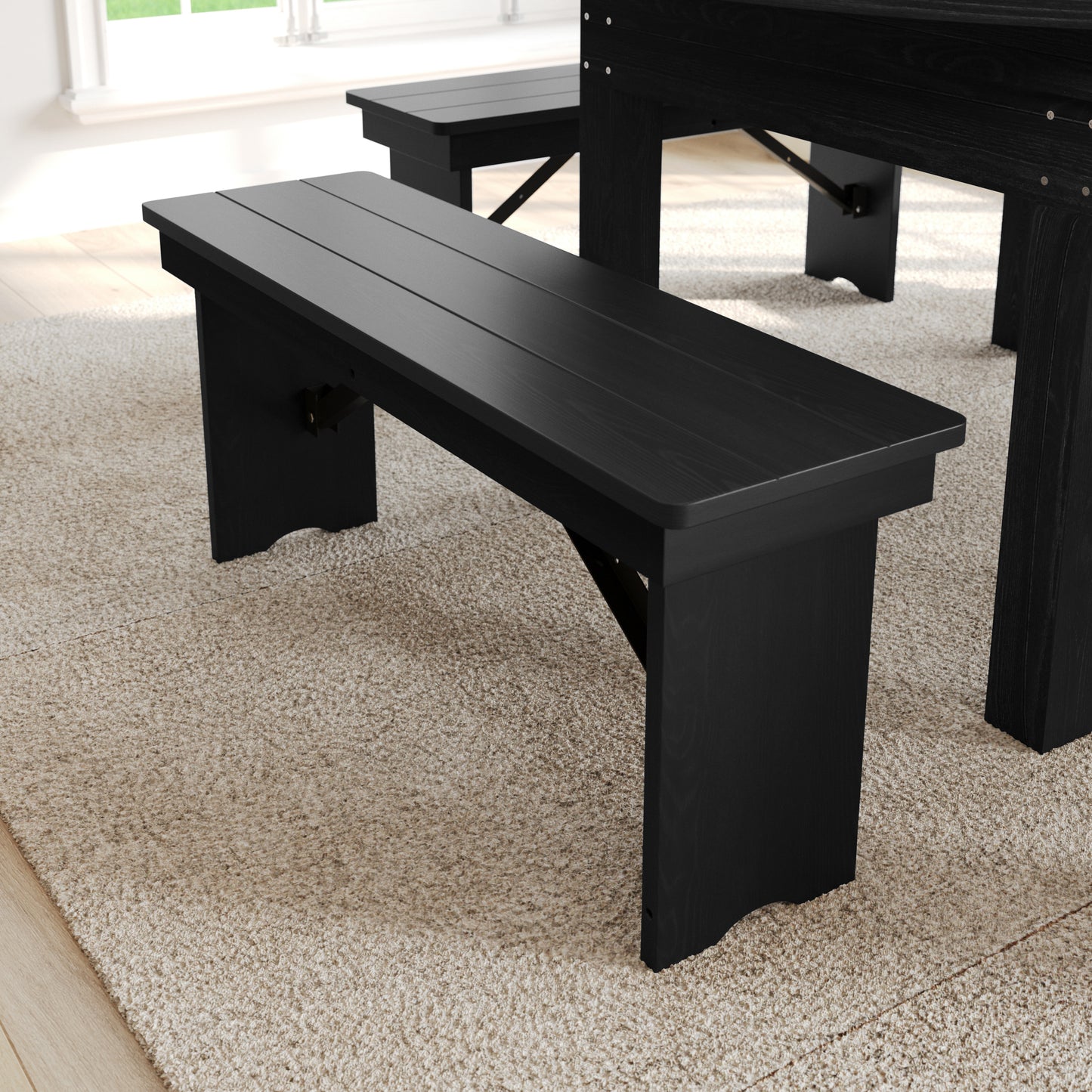 HERCULES 40" x 12" Black Wash Commercial Antique Solid Pine Farmhouse Folding Bench with Foldable Locking Legs Black Wash