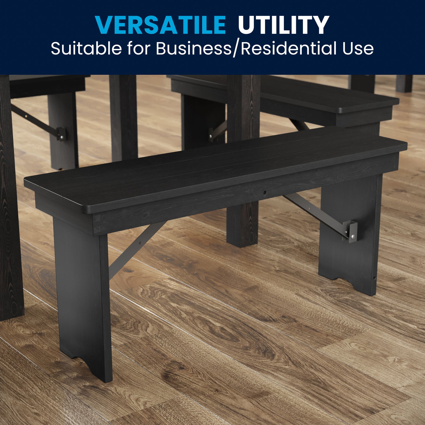 HERCULES 40" x 12" Black Wash Commercial Antique Solid Pine Farmhouse Folding Bench with Foldable Locking Legs Black Wash