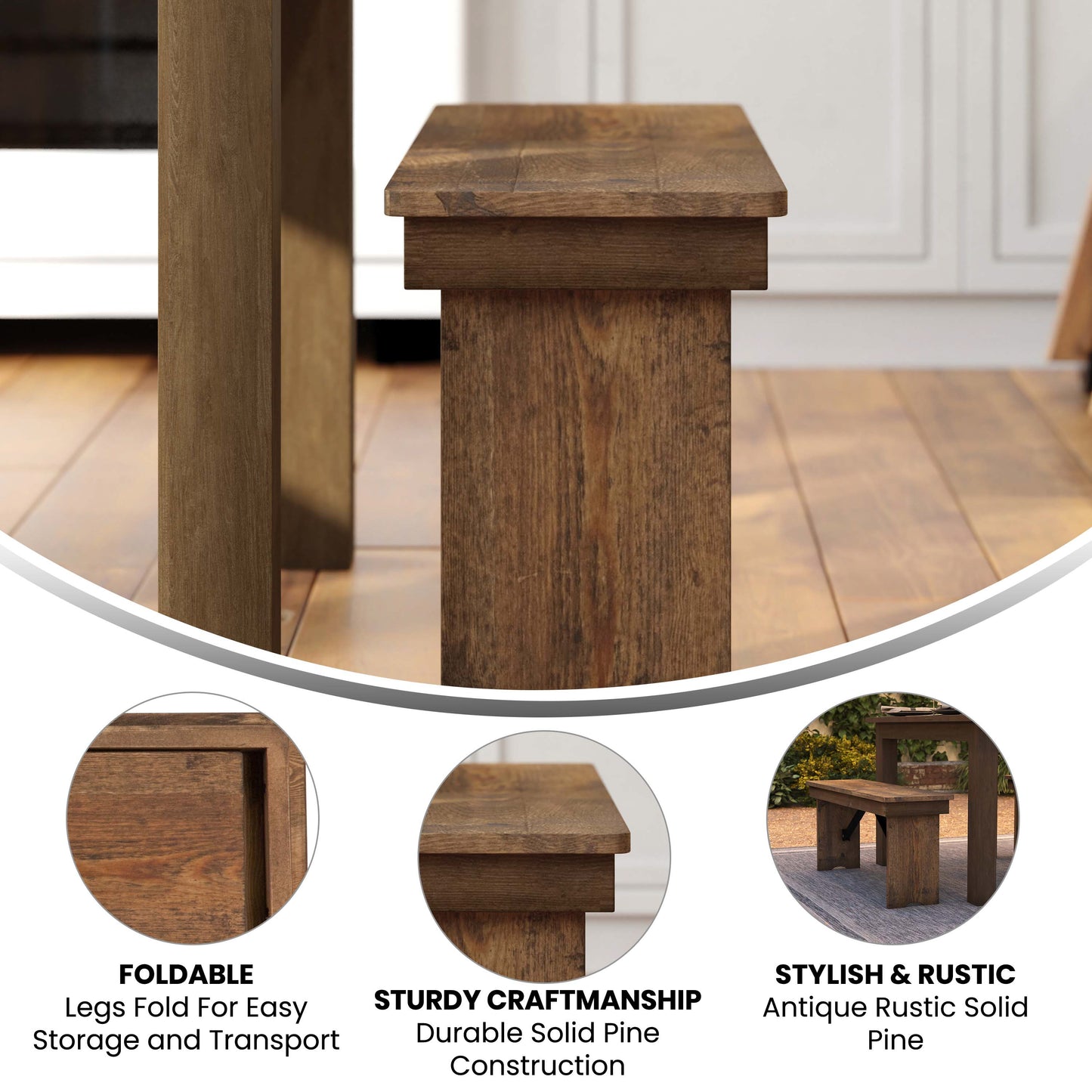 HERCULES Series 40'' x 12'' Antique Rustic Solid Pine Folding Farm Bench Antique Rustic XA-B-40X12-GG