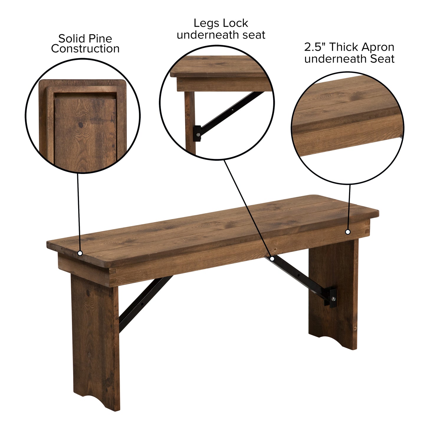 HERCULES Series 40'' x 12'' Antique Rustic Solid Pine Folding Farm Bench Antique Rustic XA-B-40X12-GG