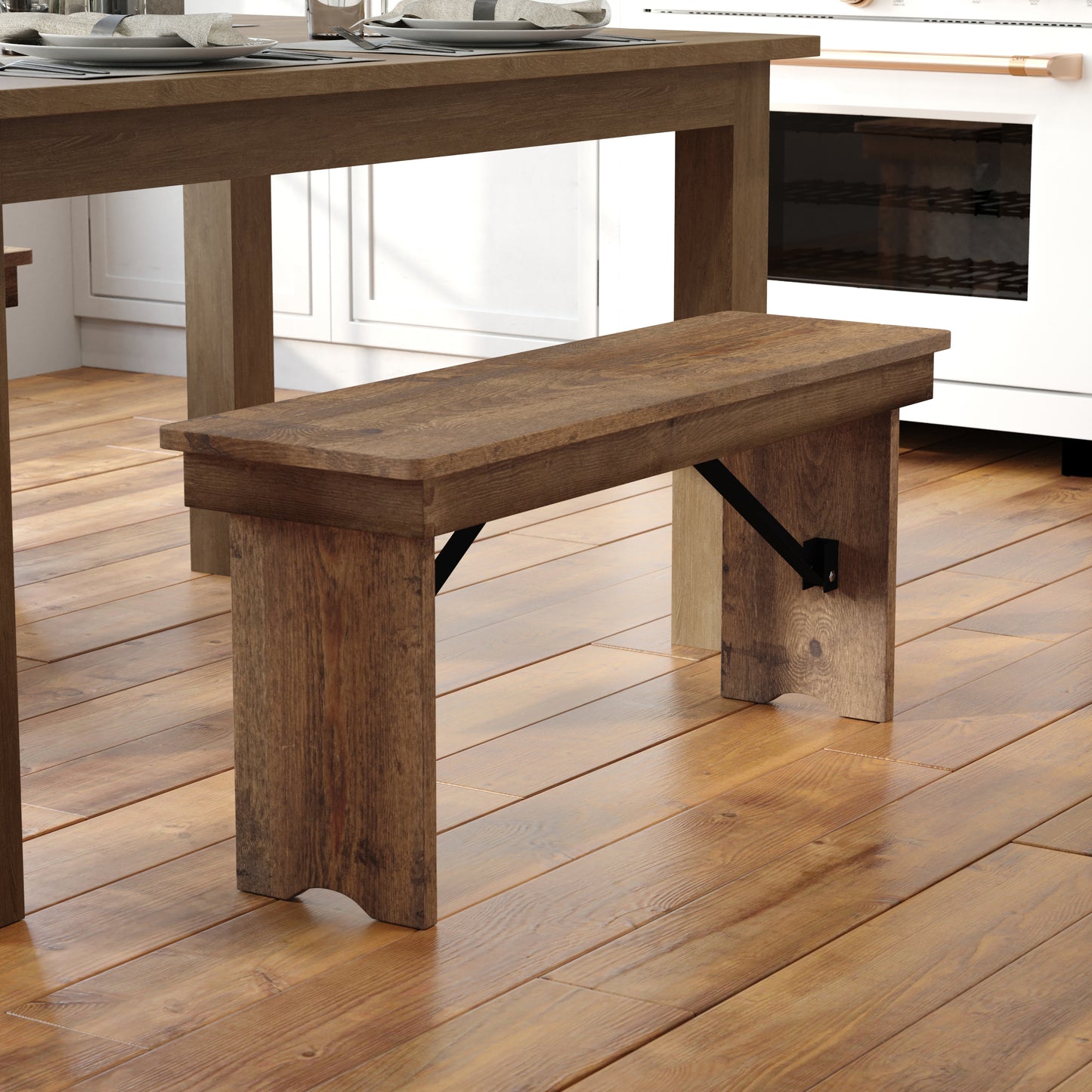 HERCULES Series 40'' x 12'' Antique Rustic Solid Pine Folding Farm Bench Antique Rustic XA-B-40X12-GG
