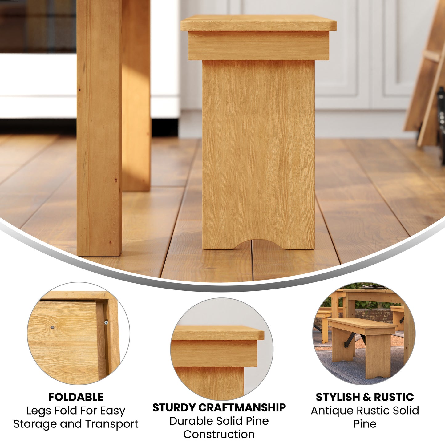HERCULES 40'' x 12'' Light Natural Solid Pine Folding Farm Bench Light Natural