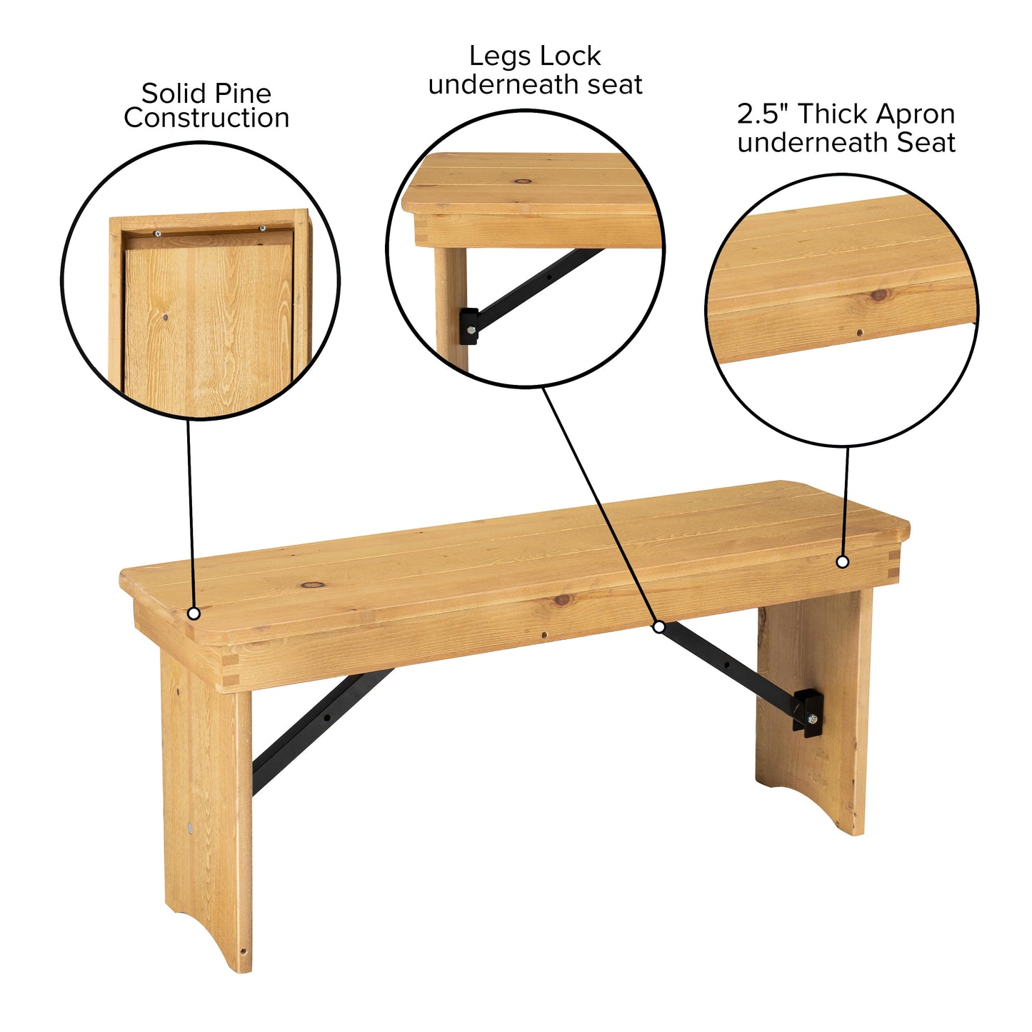 HERCULES 40'' x 12'' Light Natural Solid Pine Folding Farm Bench Light Natural