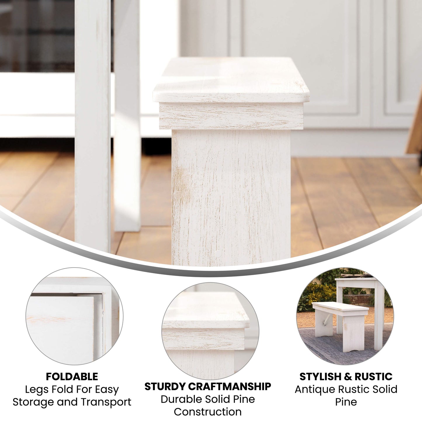 HERCULES Series 40" x 12" Antique Rustic White Solid Pine Folding Farm Bench Antique Rustic White