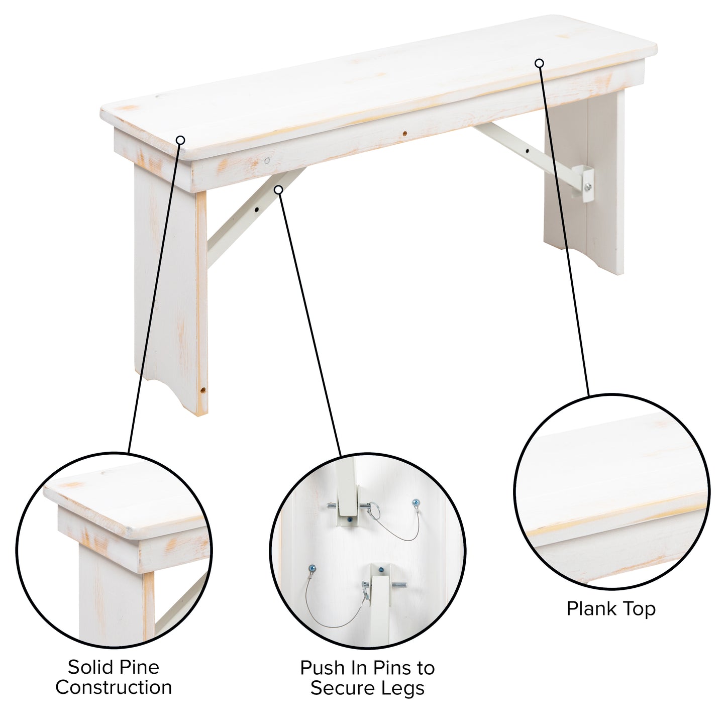 HERCULES Series 40" x 12" Antique Rustic White Solid Pine Folding Farm Bench Antique Rustic White