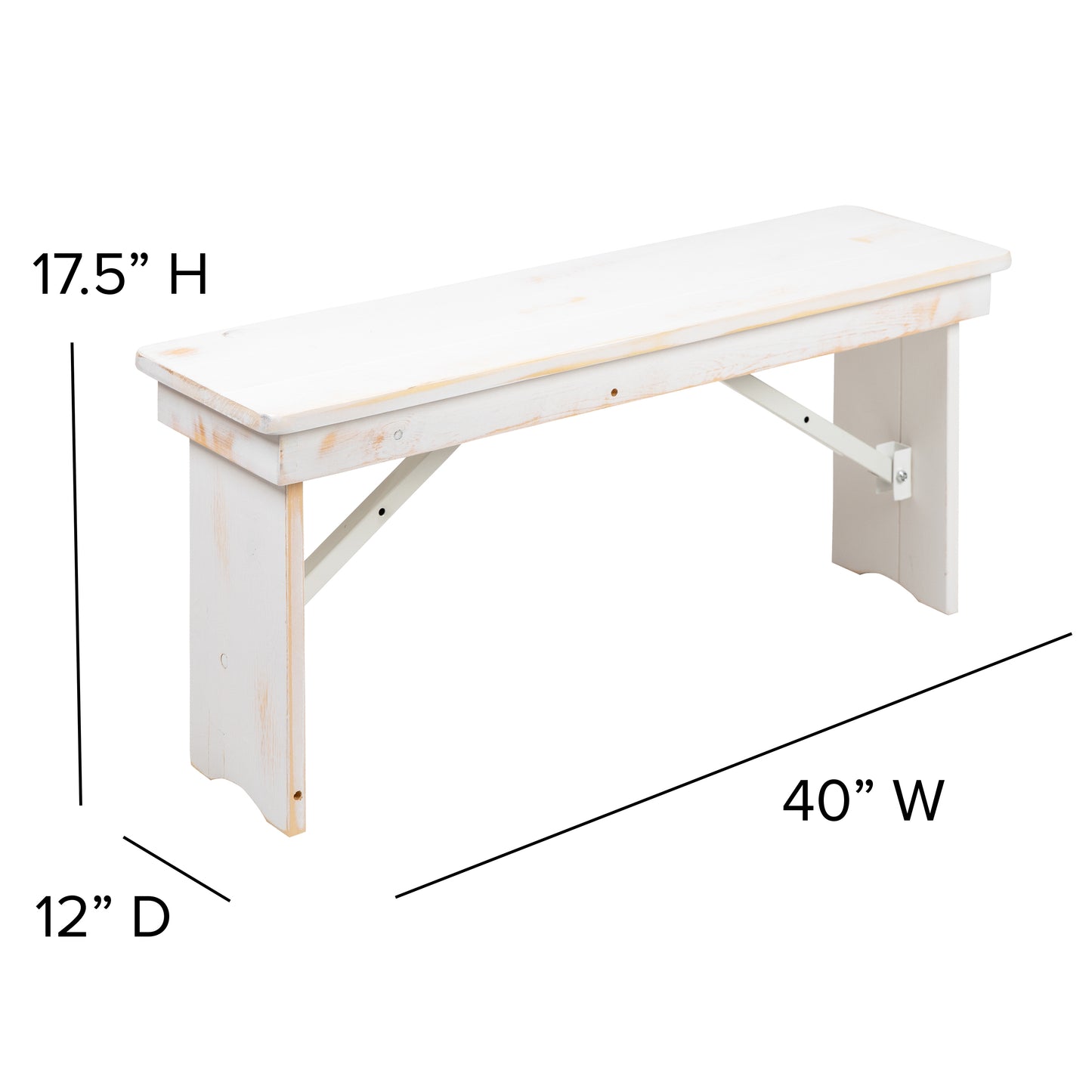 HERCULES Series 40" x 12" Antique Rustic White Solid Pine Folding Farm Bench Antique Rustic White