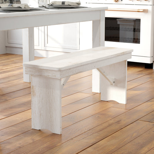 HERCULES Series 40" x 12" Antique Rustic White Solid Pine Folding Farm Bench Antique Rustic White