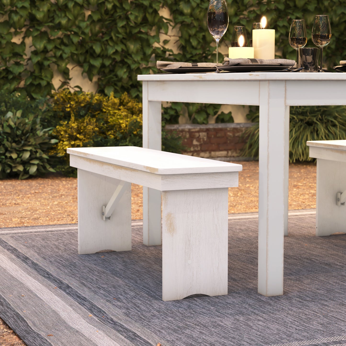 HERCULES Series 40" x 12" Antique Rustic White Solid Pine Folding Farm Bench Antique Rustic White