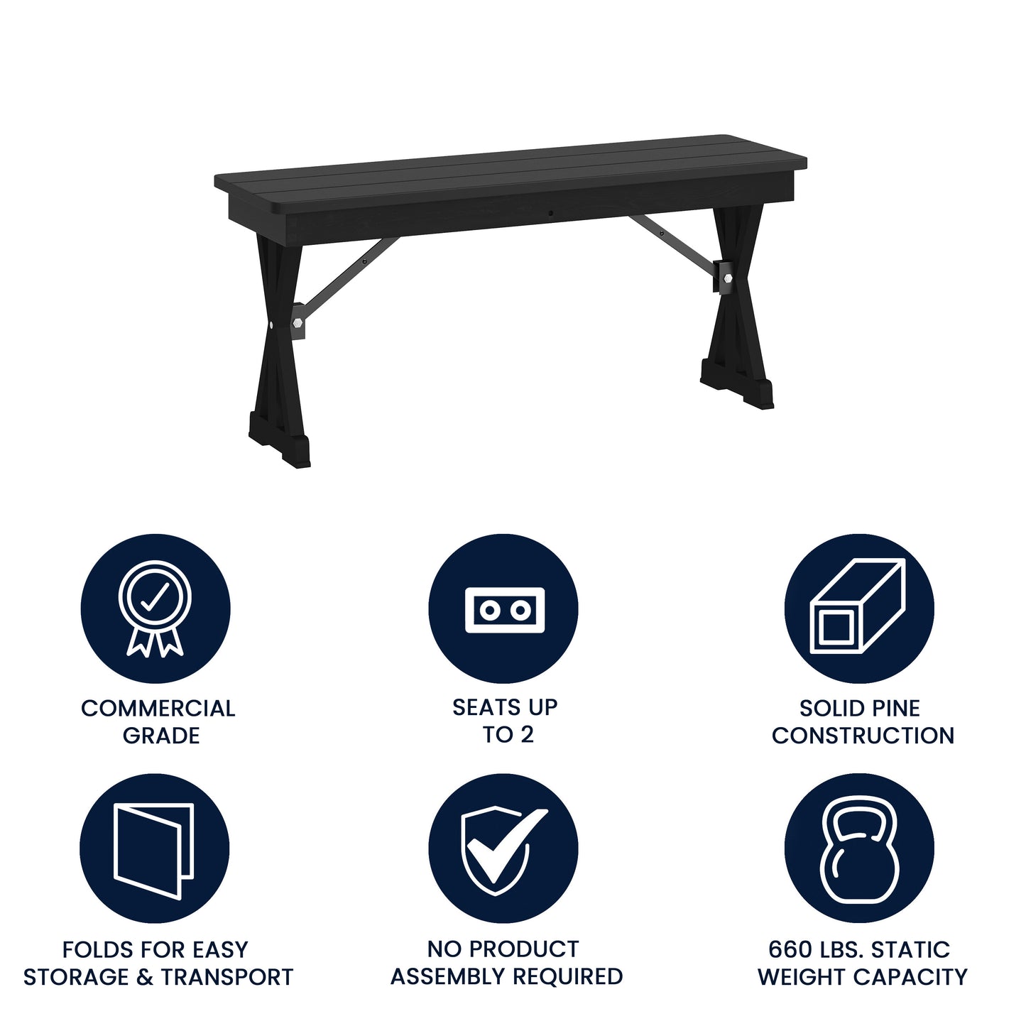HERCULES 40" x 12" Black Wash Commercial Antique Solid Pine Farmhouse Folding Bench with Foldable Locking X-Legs Black Wash