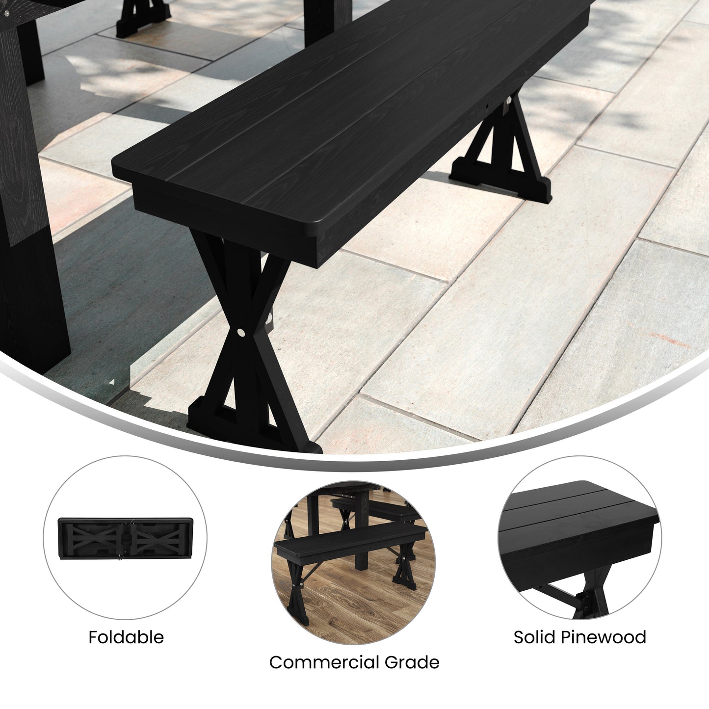 HERCULES 40" x 12" Black Wash Commercial Antique Solid Pine Farmhouse Folding Bench with Foldable Locking X-Legs Black Wash