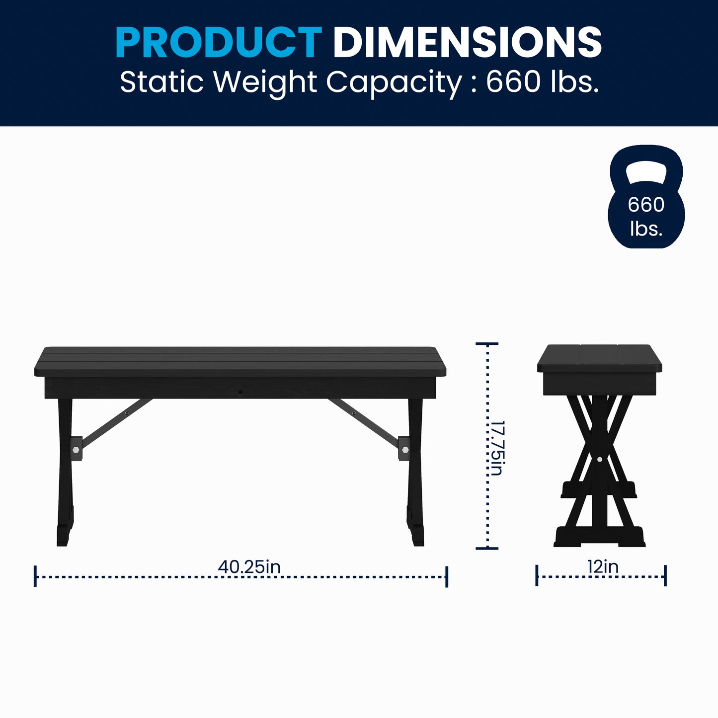 HERCULES 40" x 12" Black Wash Commercial Antique Solid Pine Farmhouse Folding Bench with Foldable Locking X-Legs Black Wash