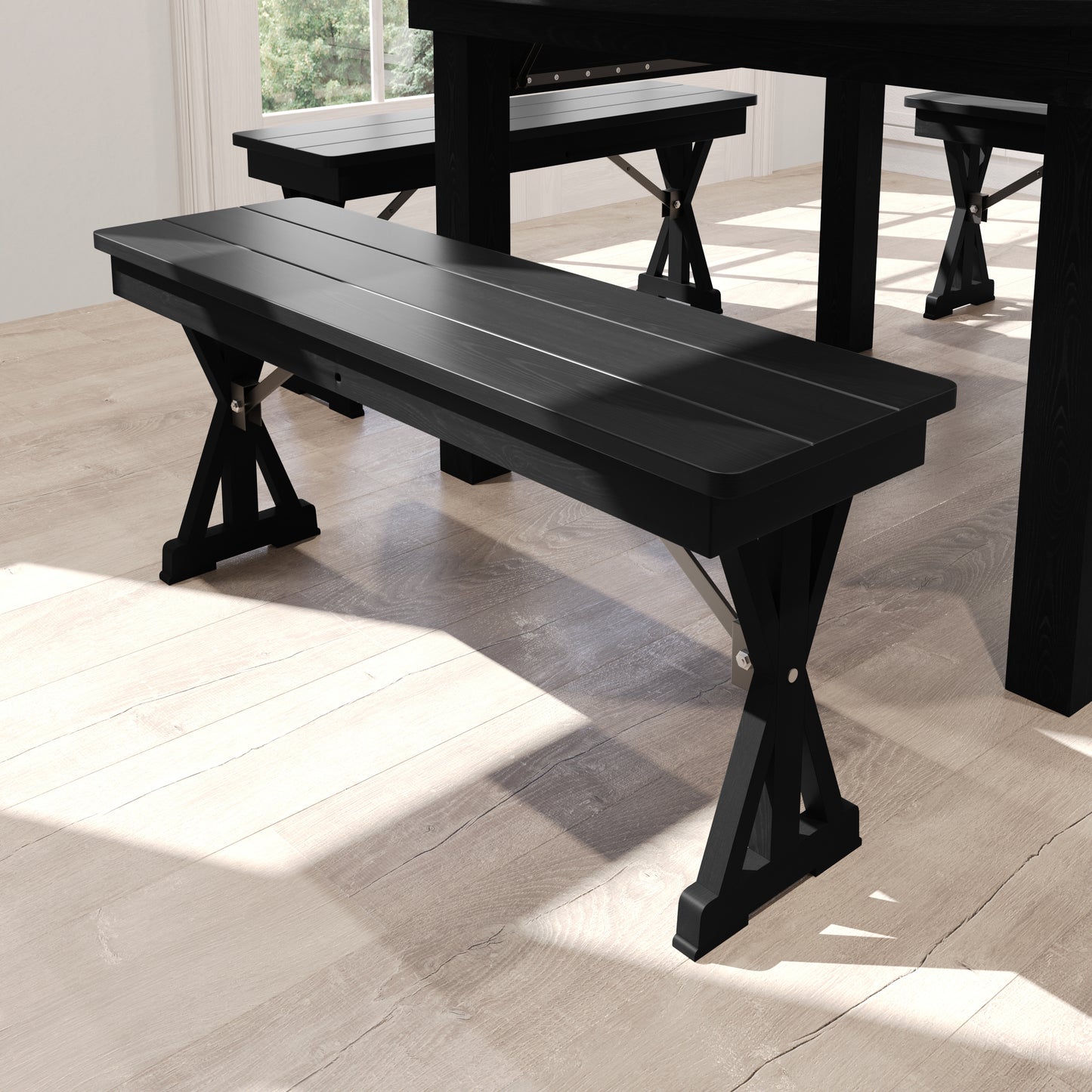 HERCULES 40" x 12" Black Wash Commercial Antique Solid Pine Farmhouse Folding Bench with Foldable Locking X-Legs Black Wash
