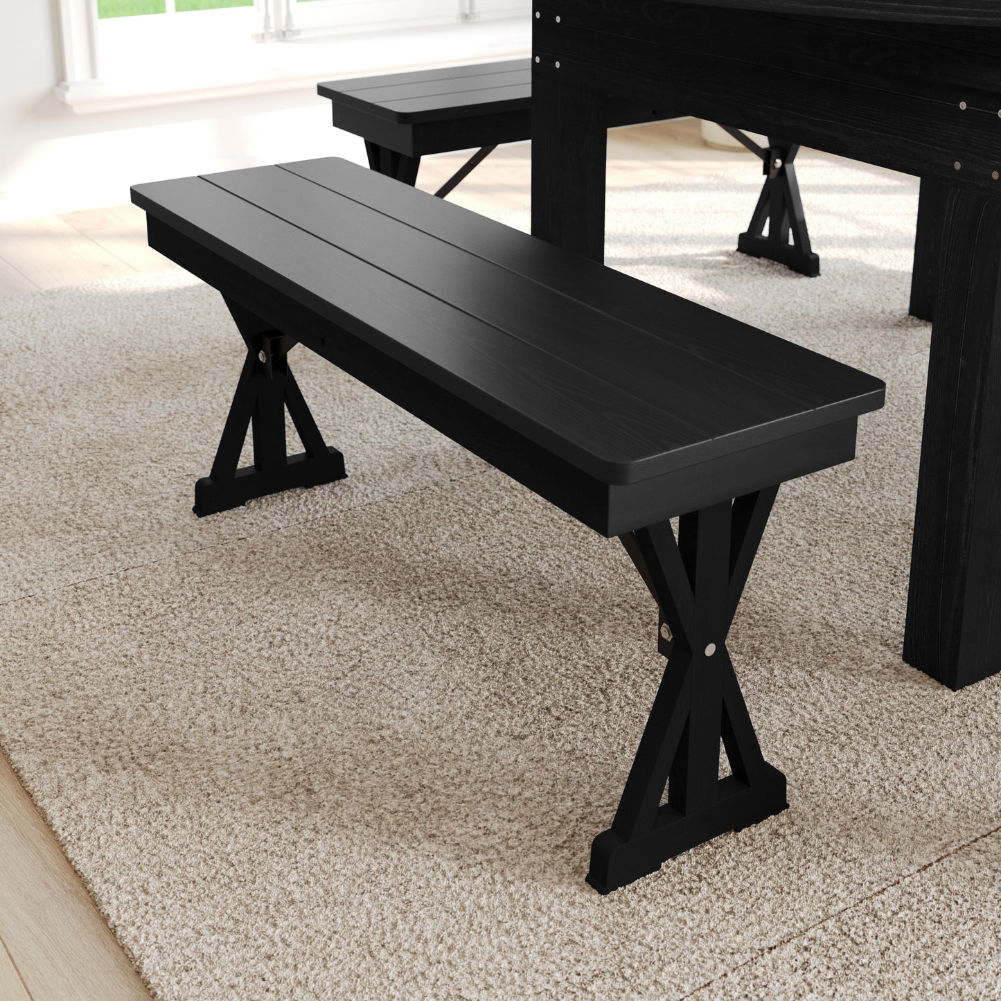 HERCULES 40" x 12" Black Wash Commercial Antique Solid Pine Farmhouse Folding Bench with Foldable Locking X-Legs Black Wash