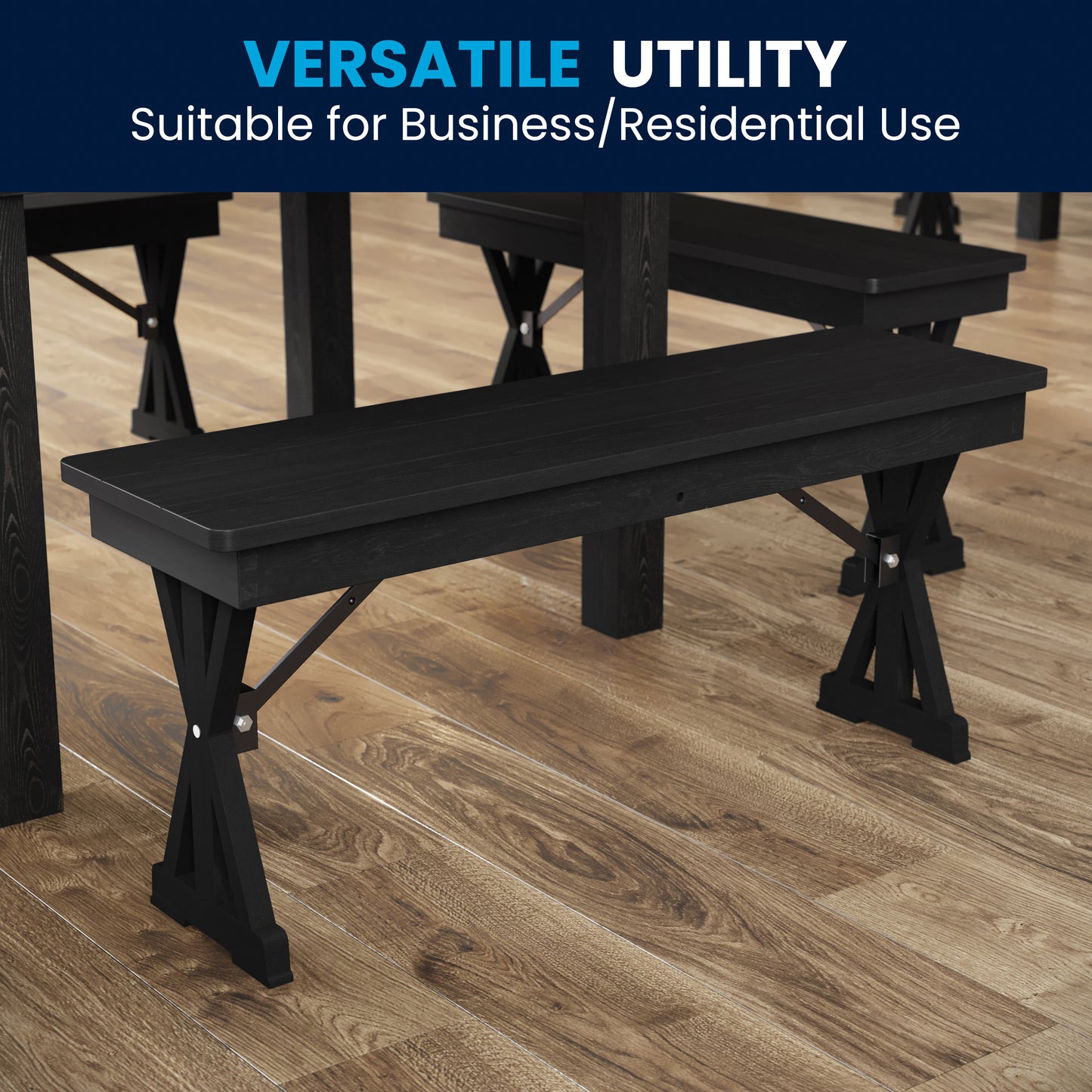 HERCULES 40" x 12" Black Wash Commercial Antique Solid Pine Farmhouse Folding Bench with Foldable Locking X-Legs Black Wash