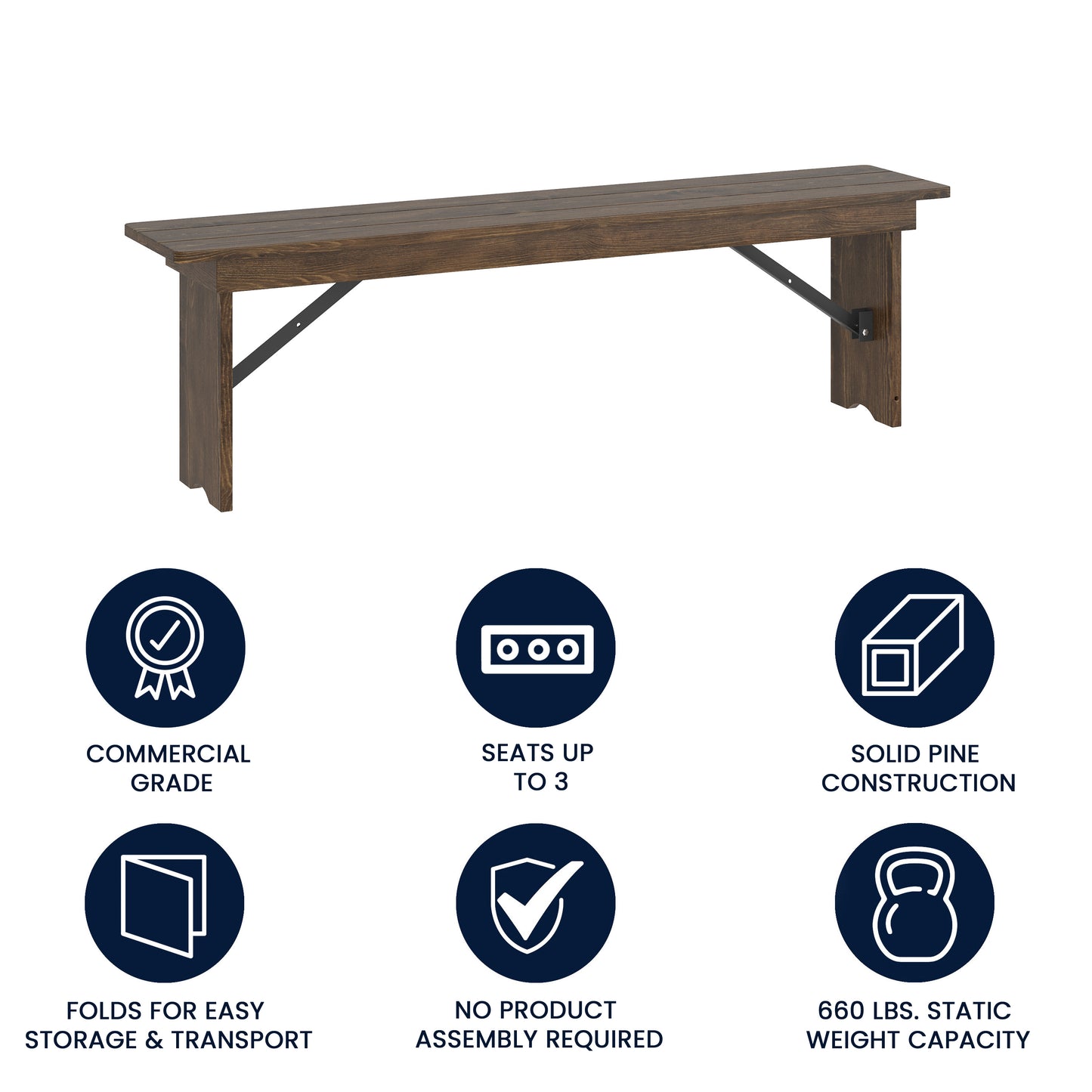 HERCULES 60" x 12" Antique Rustic Commercial Antique Solid Pine Farmhouse Folding Bench with Foldable Locking Legs Antique Rustic