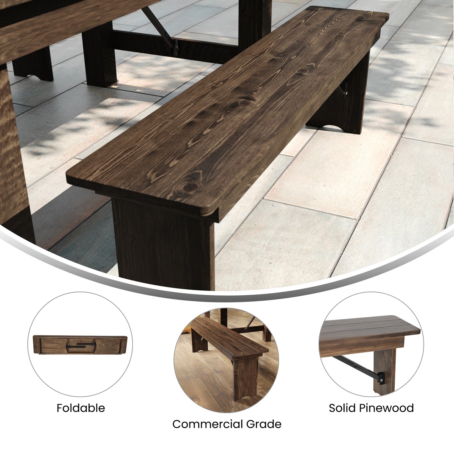 HERCULES 60" x 12" Antique Rustic Commercial Antique Solid Pine Farmhouse Folding Bench with Foldable Locking Legs Antique Rustic