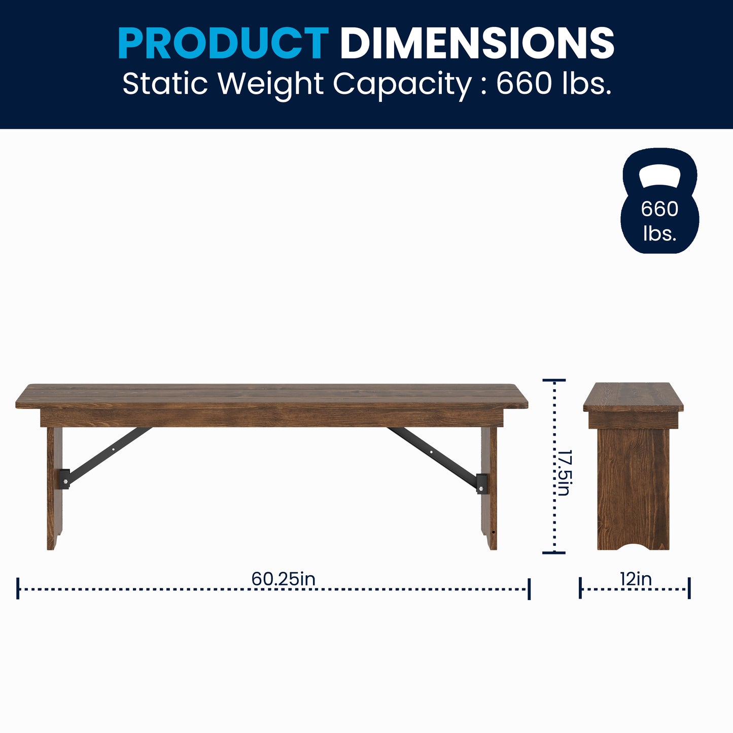 HERCULES 60" x 12" Antique Rustic Commercial Antique Solid Pine Farmhouse Folding Bench with Foldable Locking Legs Antique Rustic