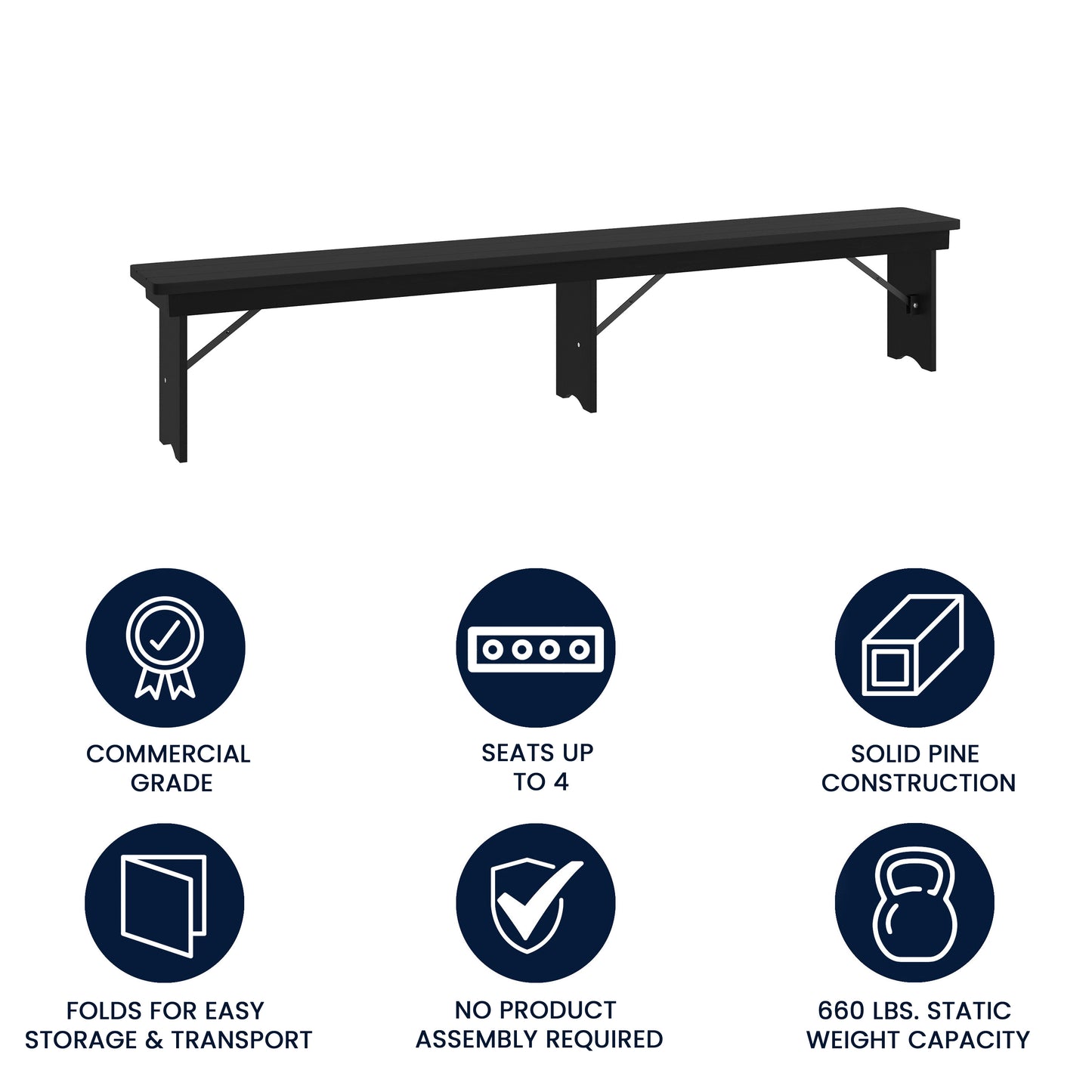 HERCULES 8' x 12'' Black Wash Commercial Antique Solid Pine Farmhouse Folding Bench with Foldable Locking Legs Black Wash