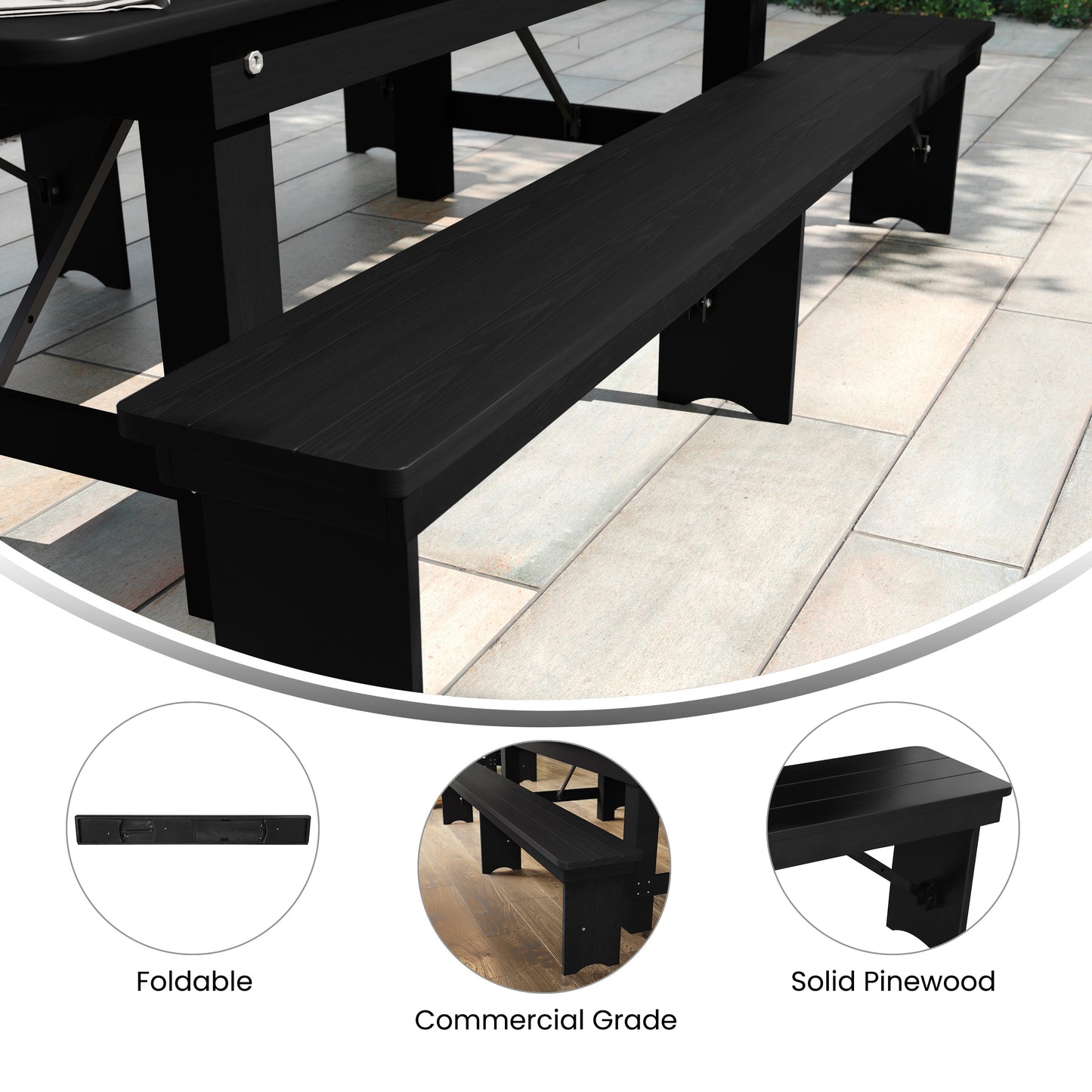 HERCULES 8' x 12'' Black Wash Commercial Antique Solid Pine Farmhouse Folding Bench with Foldable Locking Legs Black Wash