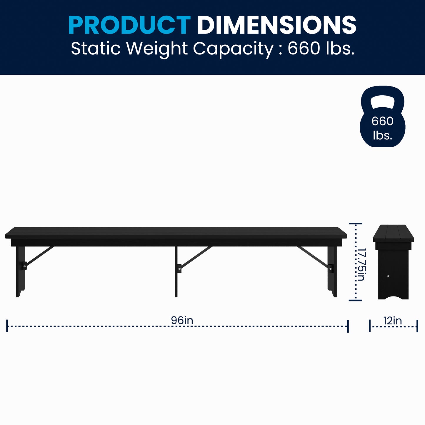 HERCULES 8' x 12'' Black Wash Commercial Antique Solid Pine Farmhouse Folding Bench with Foldable Locking Legs Black Wash
