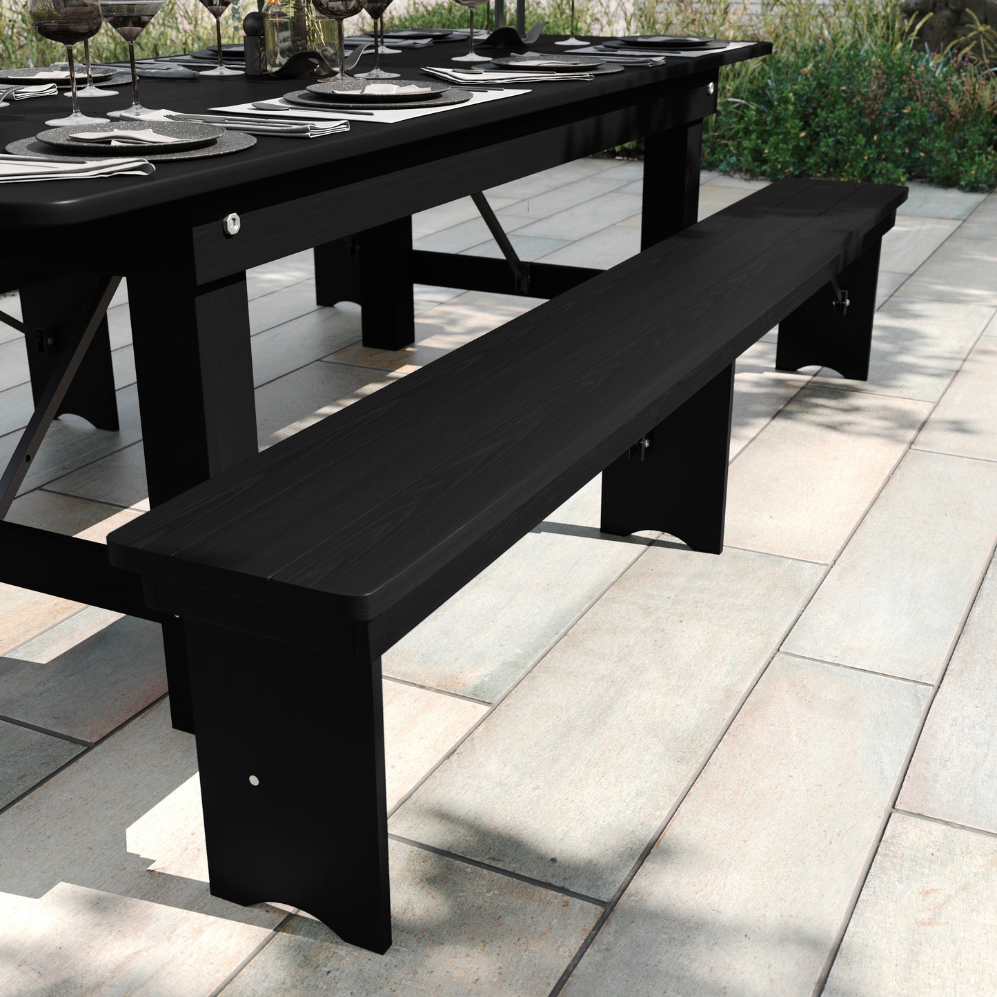 HERCULES 8' x 12'' Black Wash Commercial Antique Solid Pine Farmhouse Folding Bench with Foldable Locking Legs Black Wash