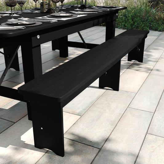 HERCULES 8' x 12'' Black Wash Commercial Antique Solid Pine Farmhouse Folding Bench with Foldable Locking Legs Black Wash