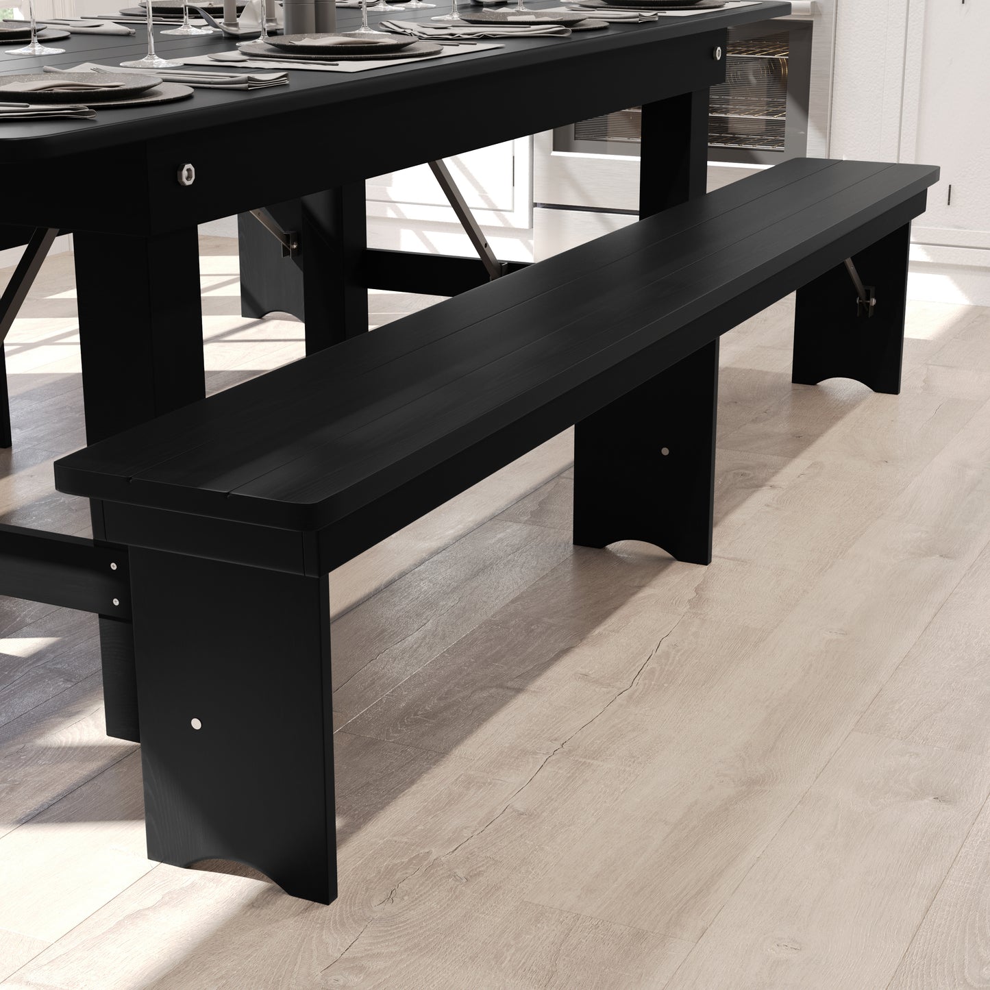 HERCULES 8' x 12'' Black Wash Commercial Antique Solid Pine Farmhouse Folding Bench with Foldable Locking Legs Black Wash