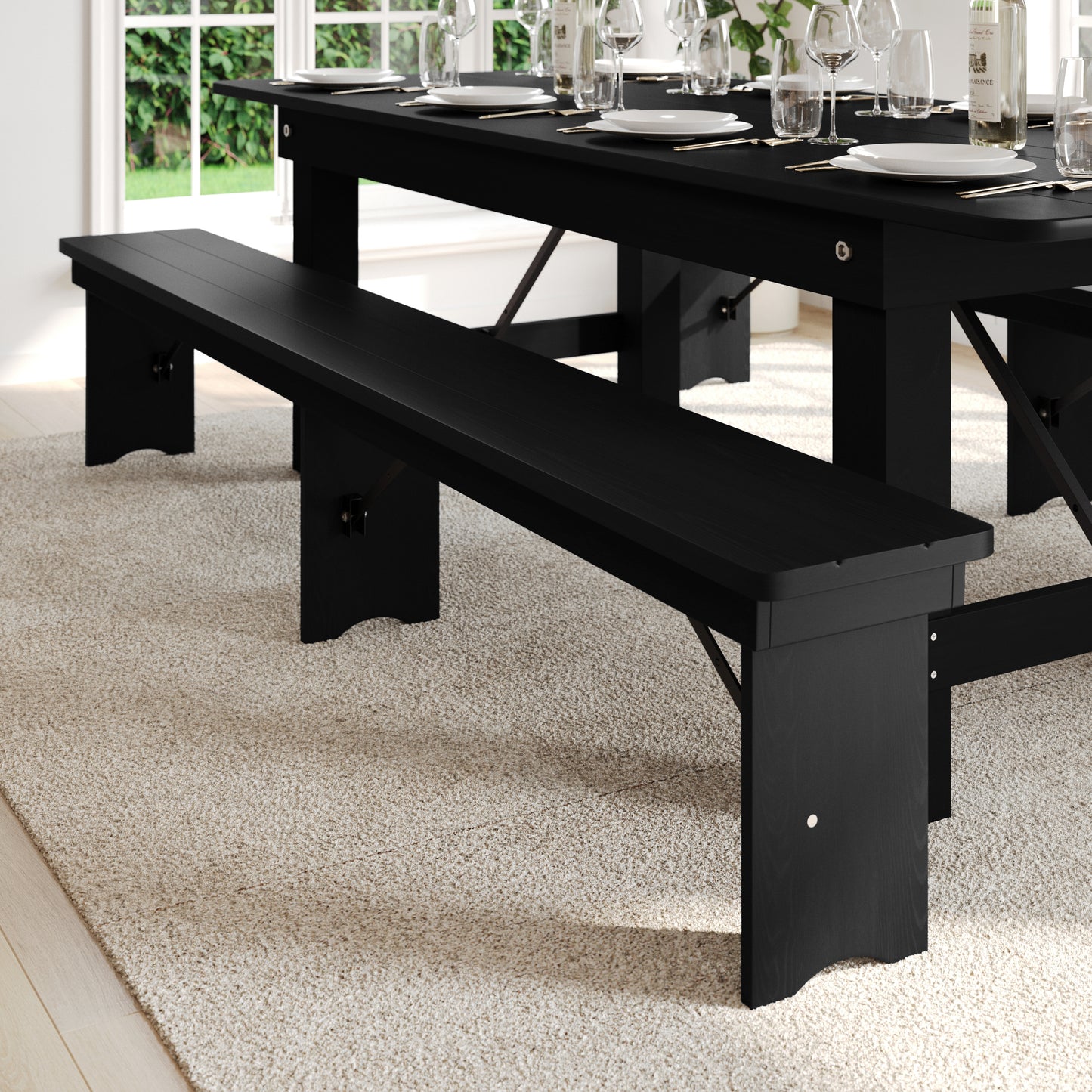 HERCULES 8' x 12'' Black Wash Commercial Antique Solid Pine Farmhouse Folding Bench with Foldable Locking Legs Black Wash