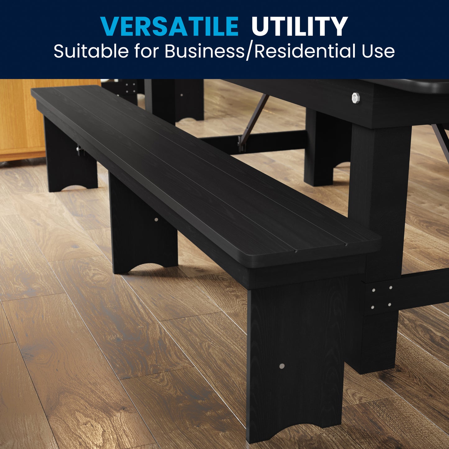 HERCULES 8' x 12'' Black Wash Commercial Antique Solid Pine Farmhouse Folding Bench with Foldable Locking Legs Black Wash