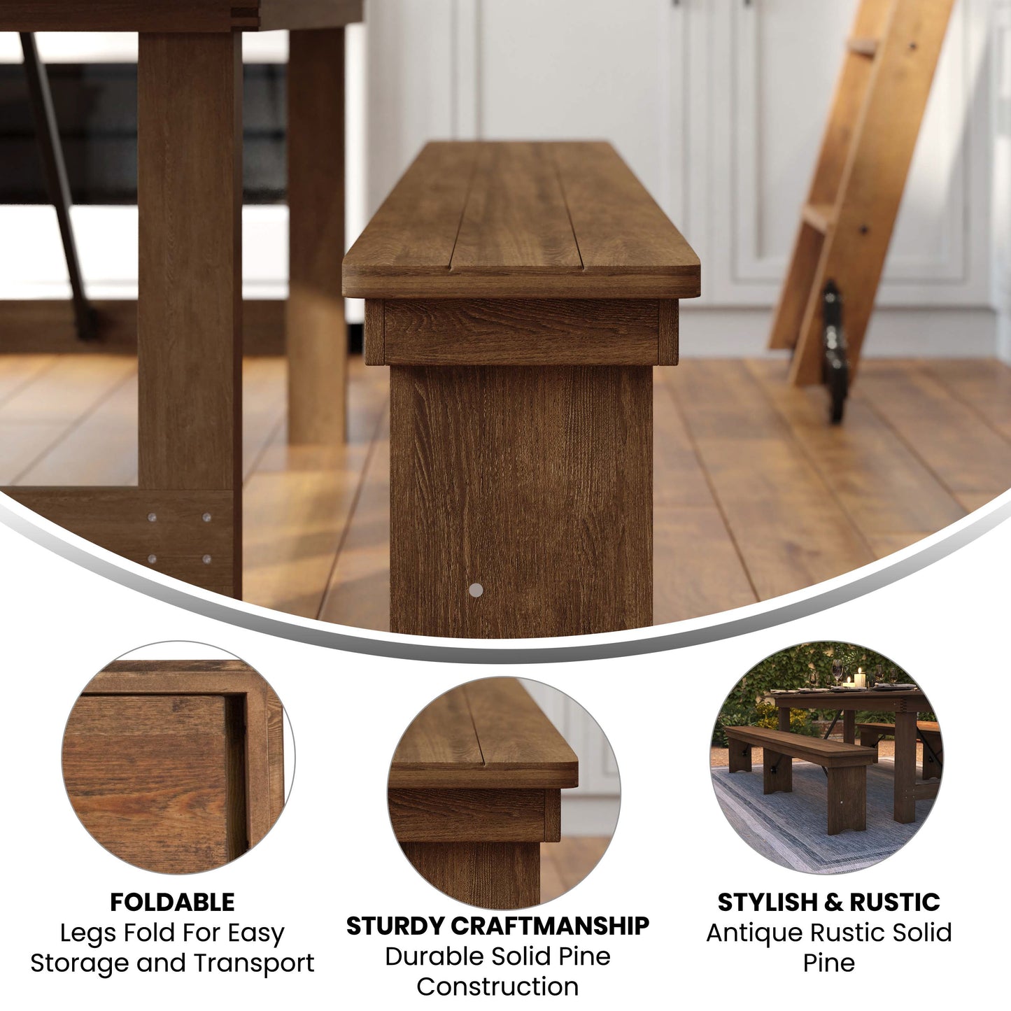 HERCULES Series 8' x 12'' Antique Rustic Solid Pine Folding Farm Bench with 3 Legs Antique Rustic