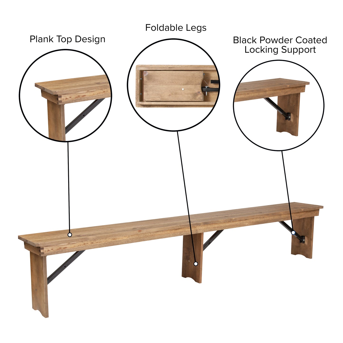 HERCULES Series 8' x 12'' Antique Rustic Solid Pine Folding Farm Bench with 3 Legs Antique Rustic