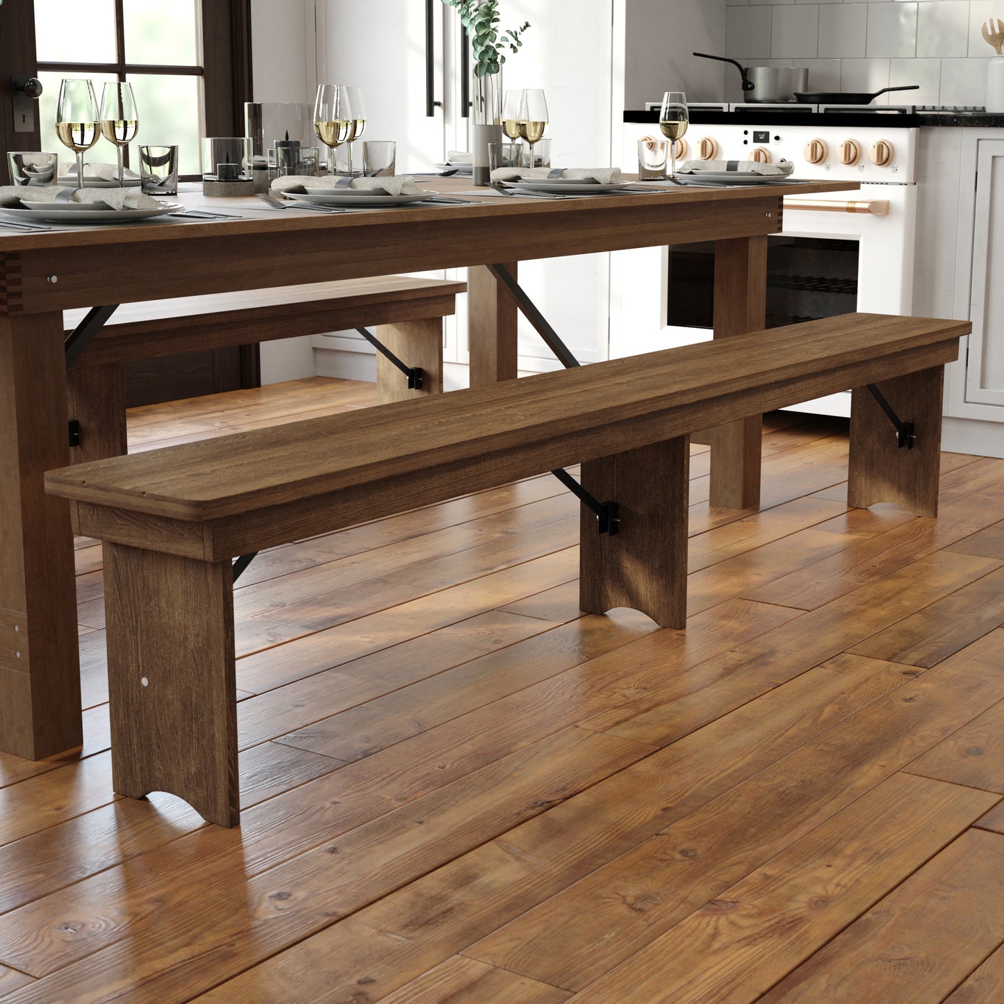 HERCULES Series 8' x 12'' Antique Rustic Solid Pine Folding Farm Bench with 3 Legs Antique Rustic