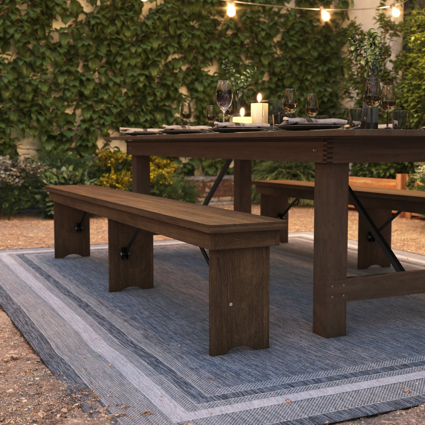 HERCULES Series 8' x 12'' Antique Rustic Solid Pine Folding Farm Bench with 3 Legs Antique Rustic