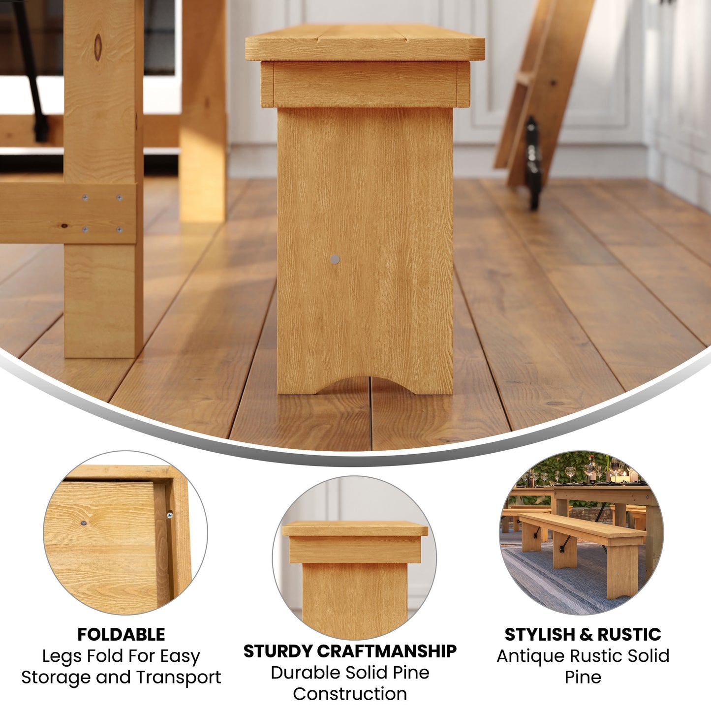 HERCULES 8' x 12'' Antique Rustic Light Natural Solid Pine Folding Farm Bench with 3 Legs Light Natural