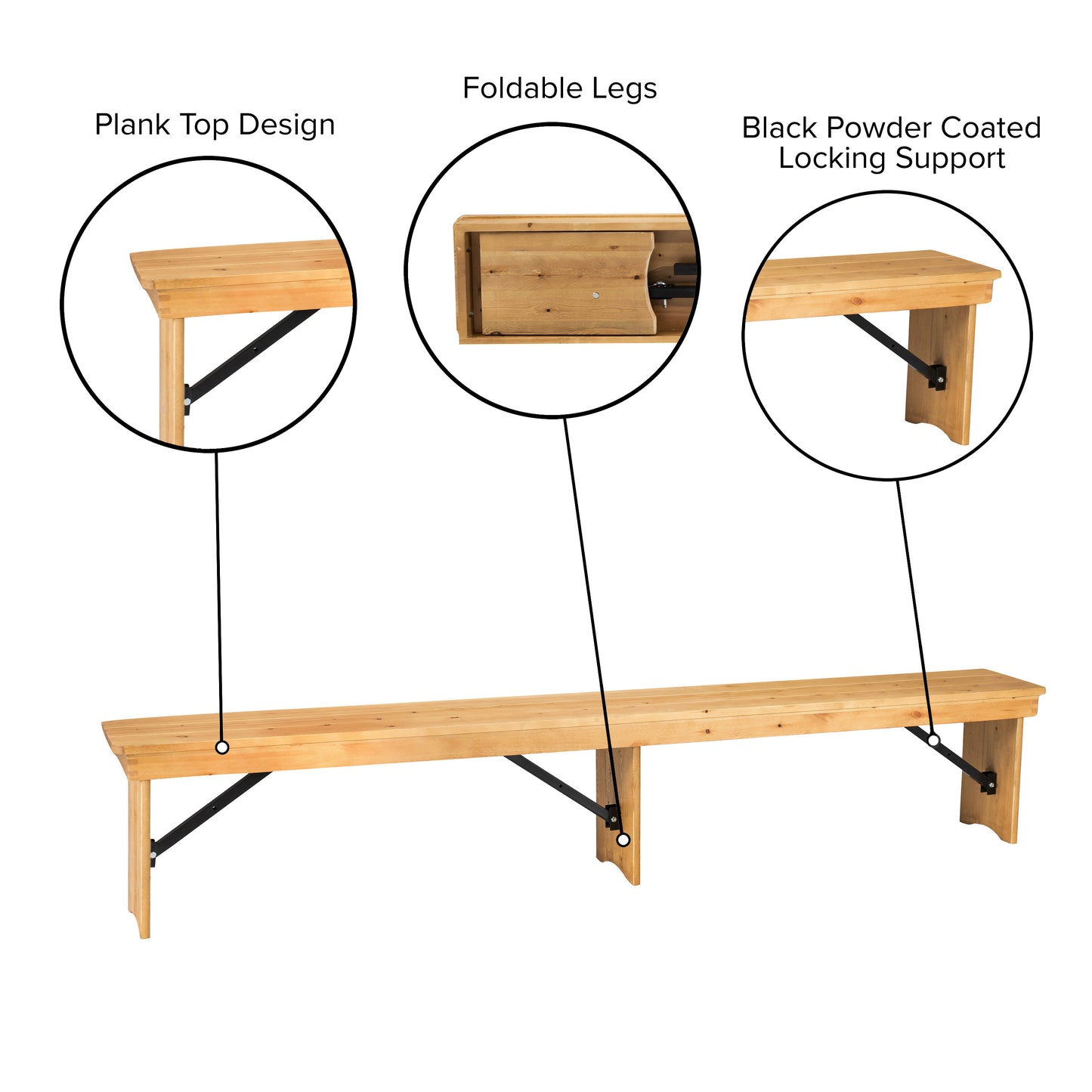 HERCULES 8' x 12'' Antique Rustic Light Natural Solid Pine Folding Farm Bench with 3 Legs Light Natural