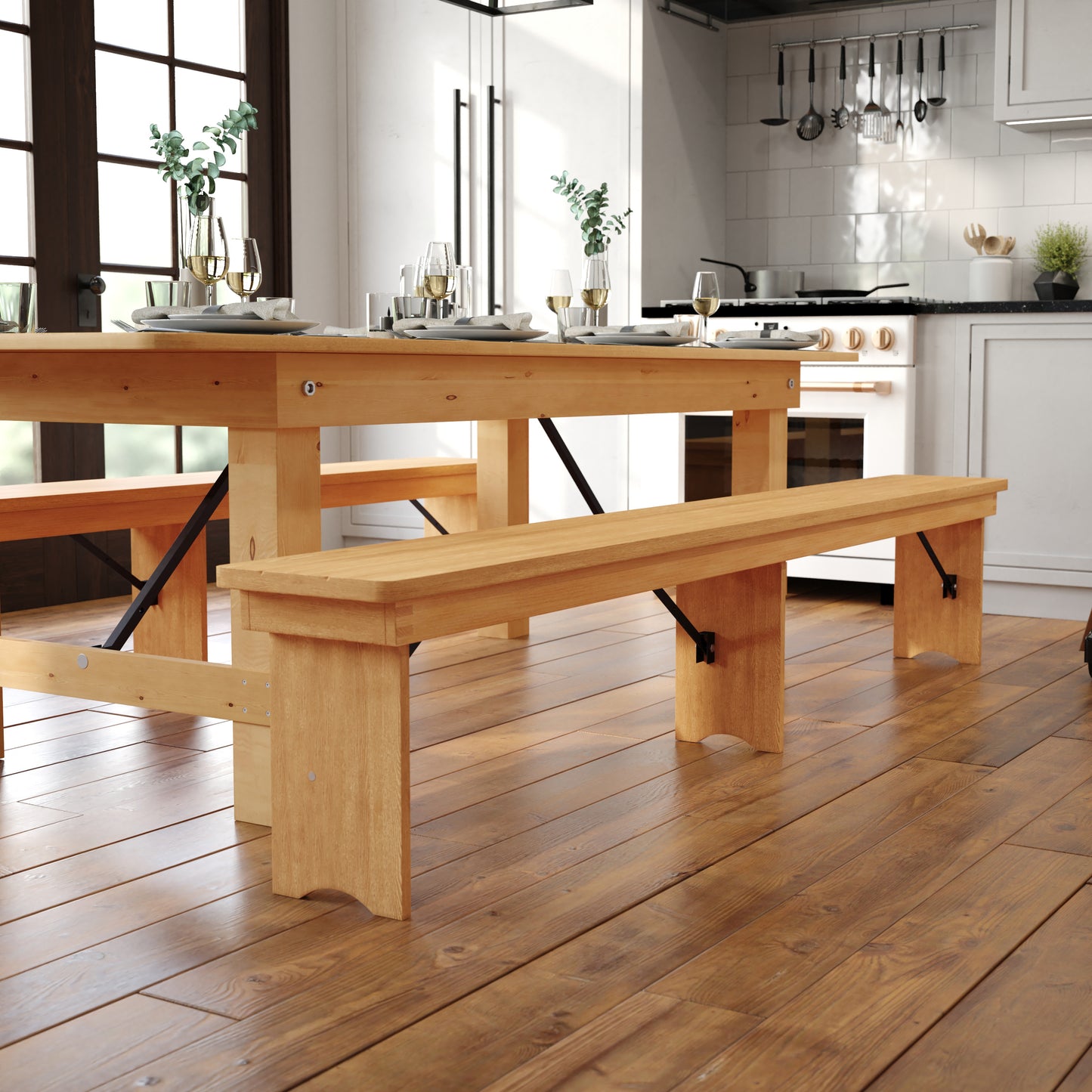 HERCULES 8' x 12'' Antique Rustic Light Natural Solid Pine Folding Farm Bench with 3 Legs Light Natural
