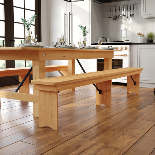 HERCULES 8' x 12'' Antique Rustic Light Natural Solid Pine Folding Farm Bench with 3 Legs Light Natural