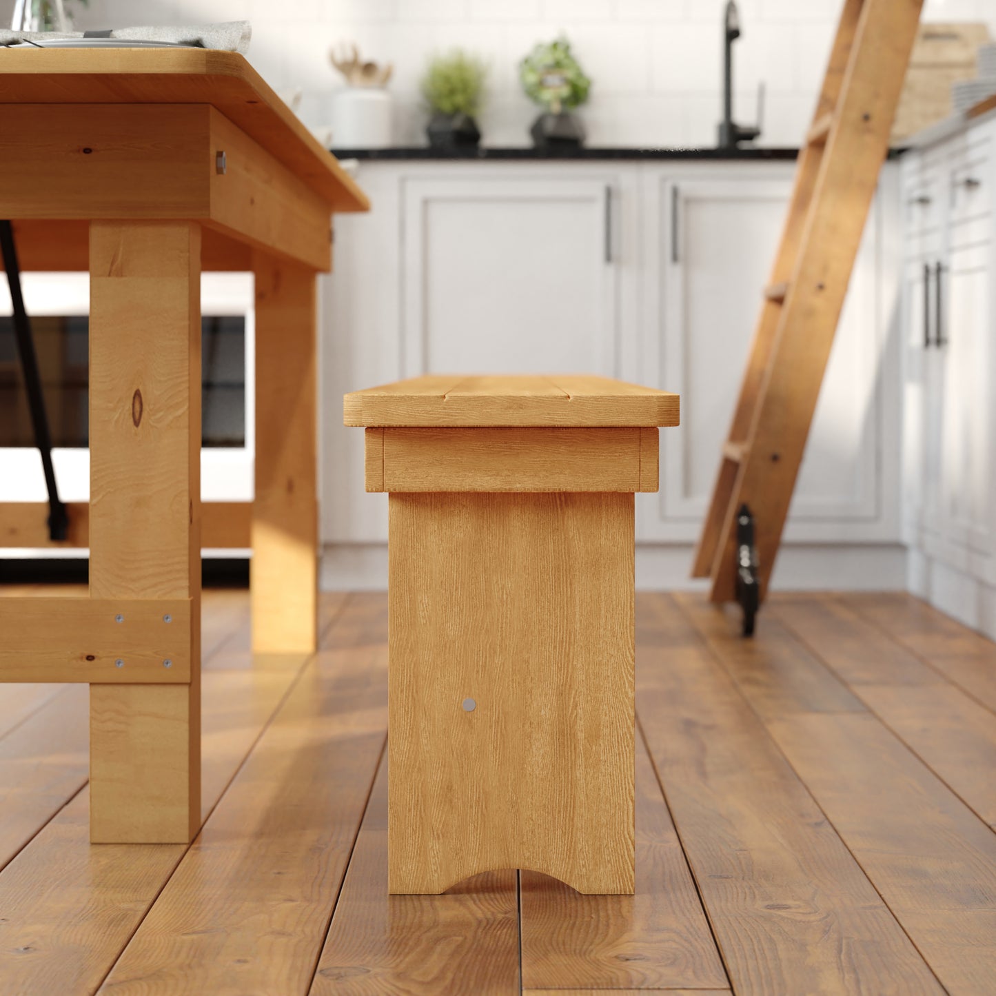 HERCULES 8' x 12'' Antique Rustic Light Natural Solid Pine Folding Farm Bench with 3 Legs Light Natural