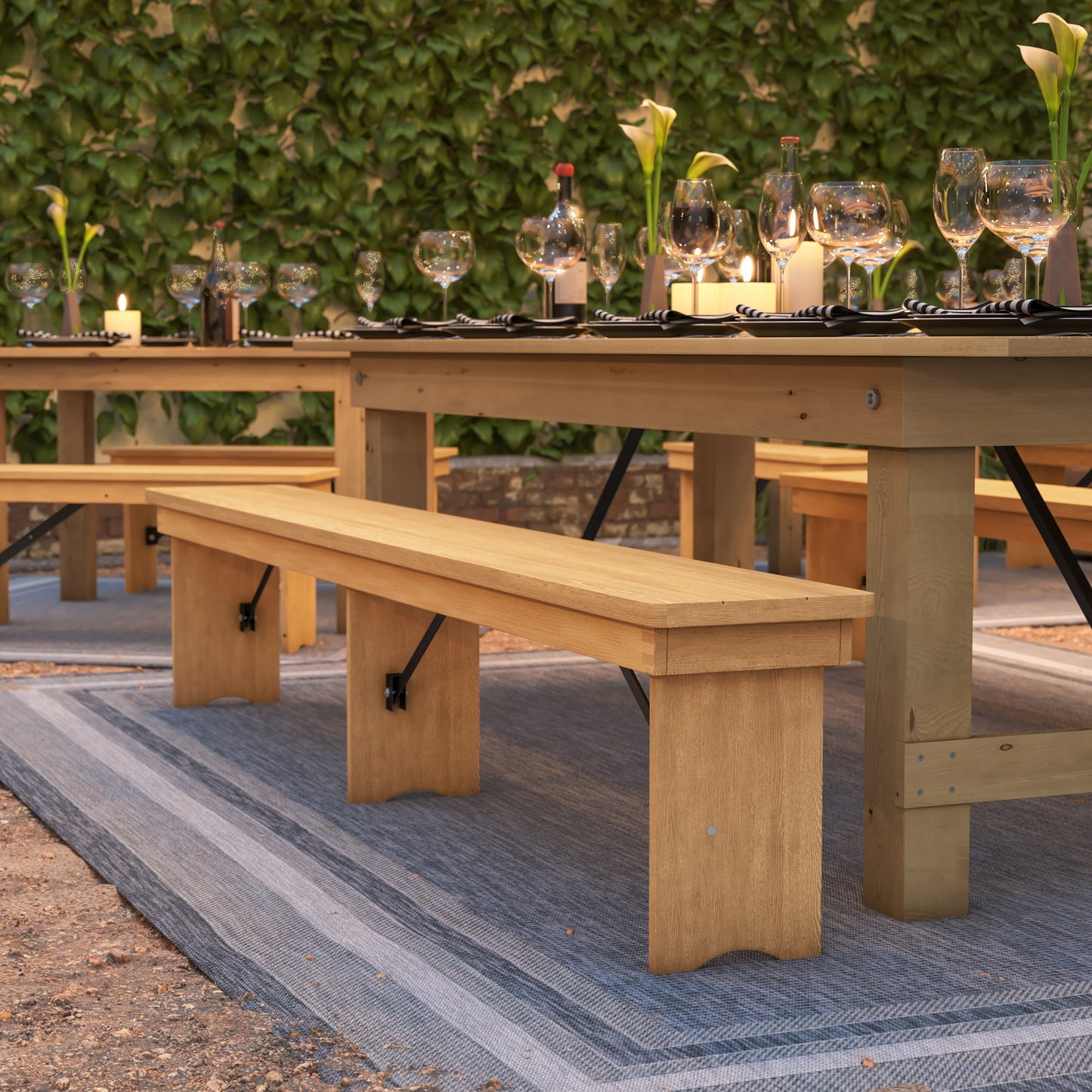 HERCULES 8' x 12'' Antique Rustic Light Natural Solid Pine Folding Farm Bench with 3 Legs Light Natural