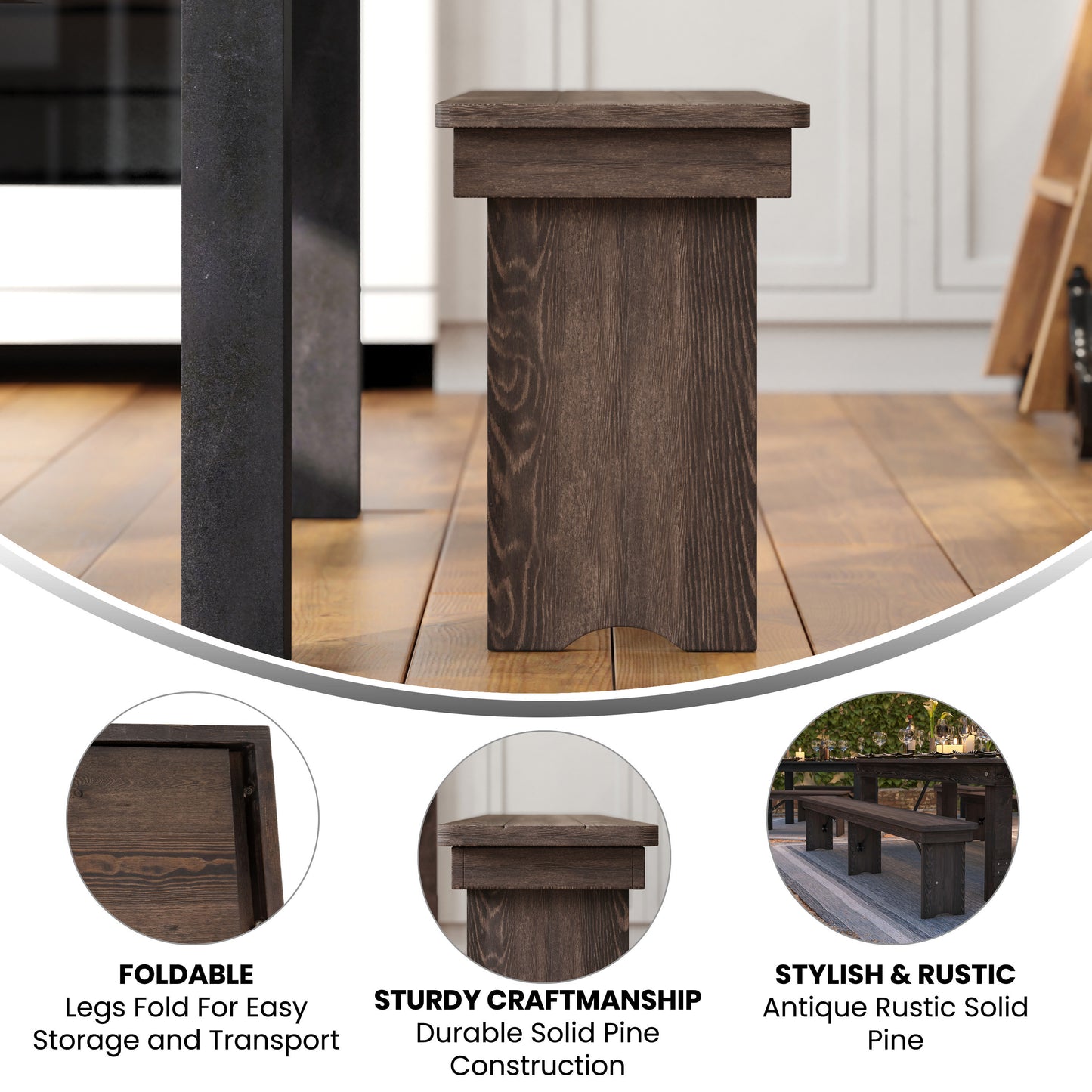 HERCULES 8' x 12" Antique Rustic Mahogany Solid Pine Folding Farm Bench with 3 Legs Mahogany