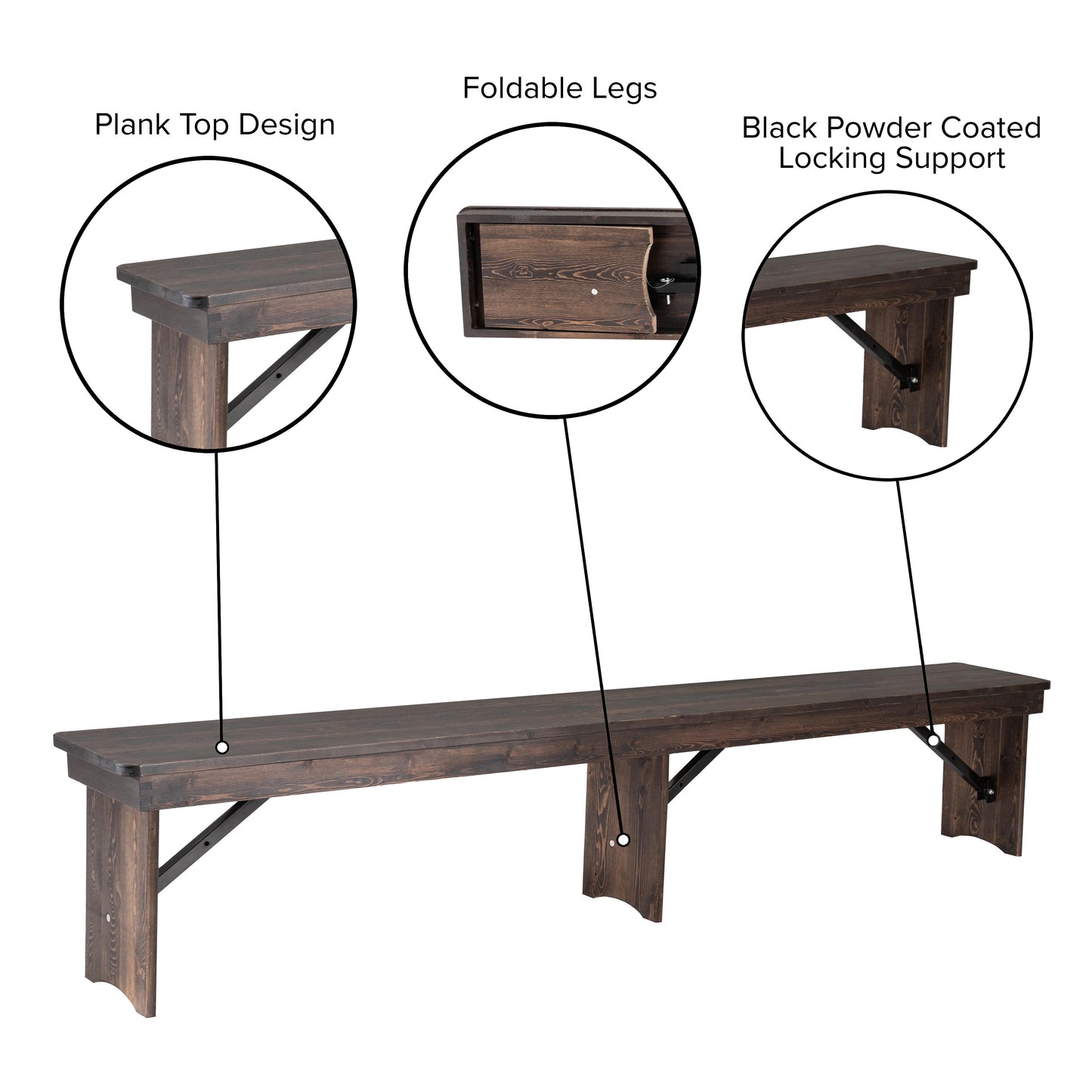 HERCULES 8' x 12" Antique Rustic Mahogany Solid Pine Folding Farm Bench with 3 Legs Mahogany