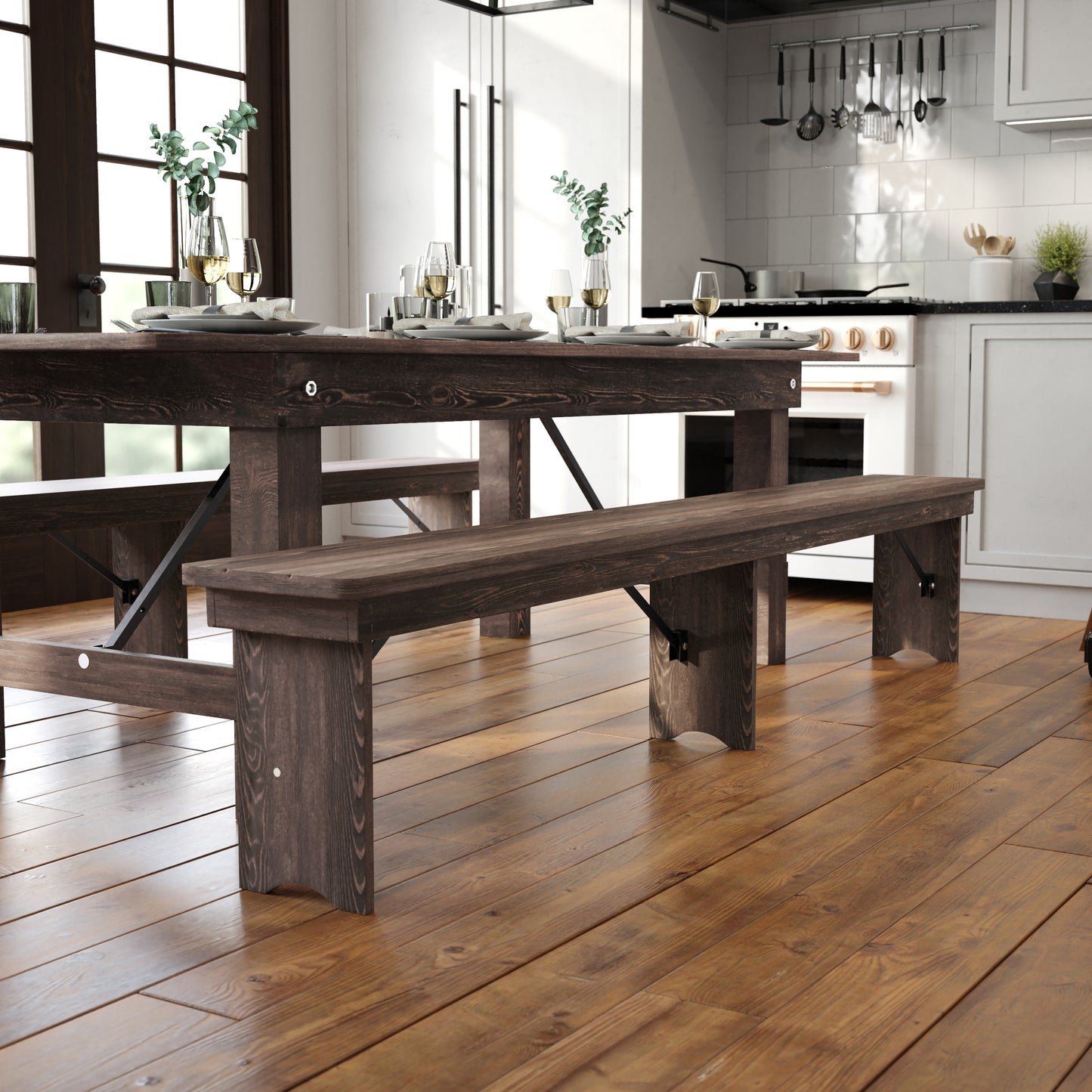 HERCULES 8' x 12" Antique Rustic Mahogany Solid Pine Folding Farm Bench with 3 Legs Mahogany